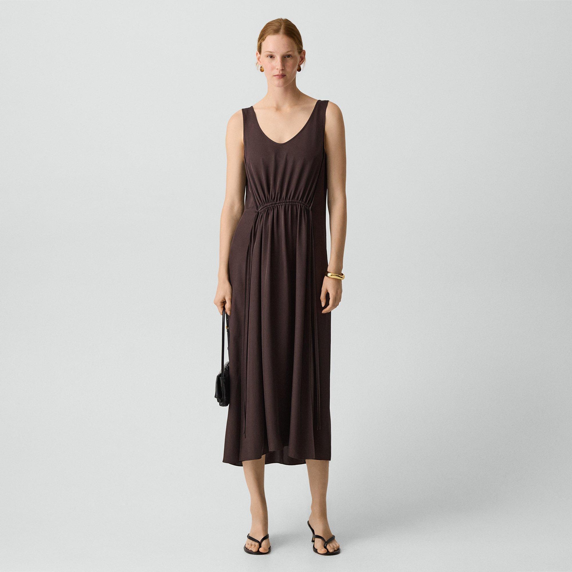 Theory Tie-waist Tank Dress In Washed Twill In Brown