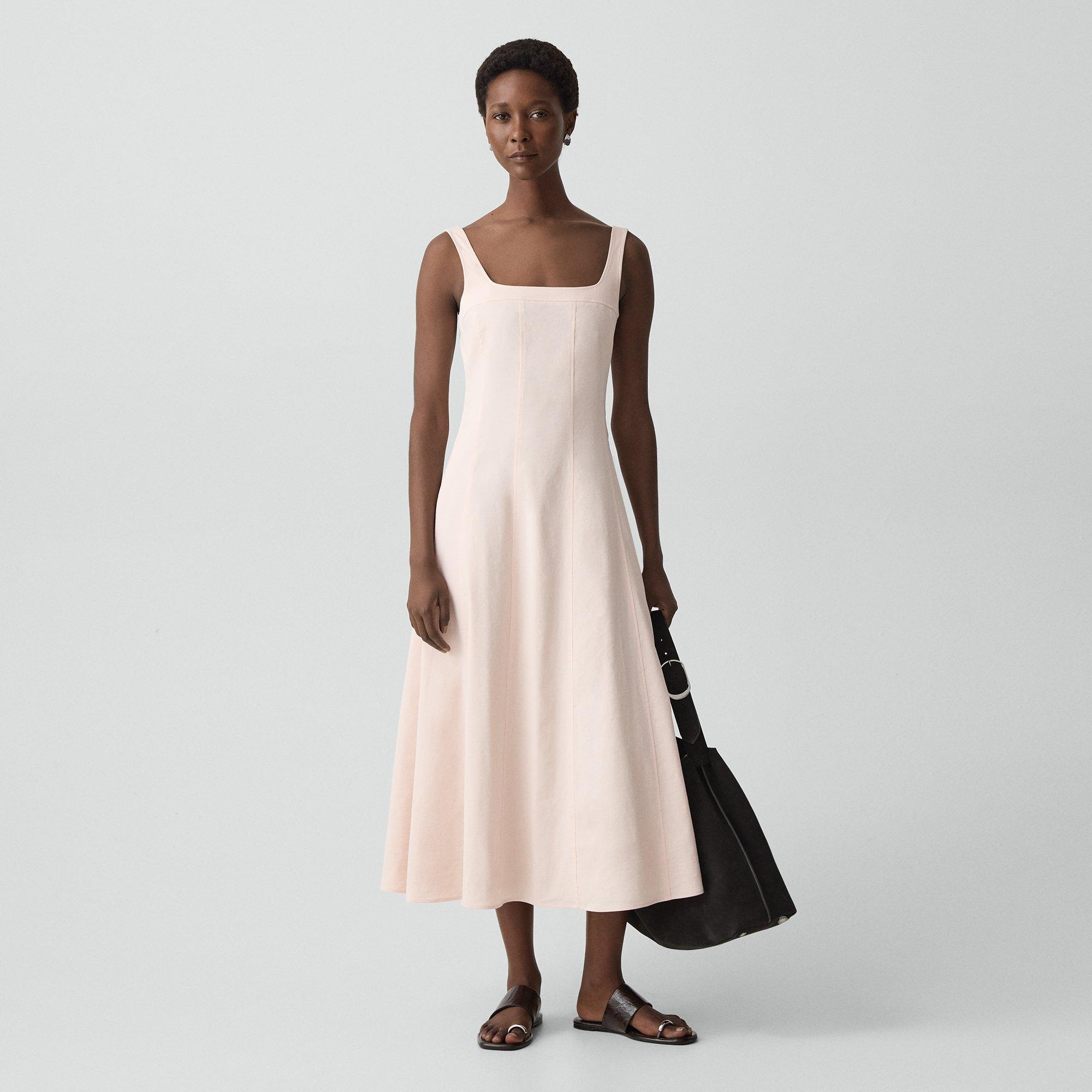 Theory Womens Warm Pink Seamed Square-neck Linen-blend Midi Dress