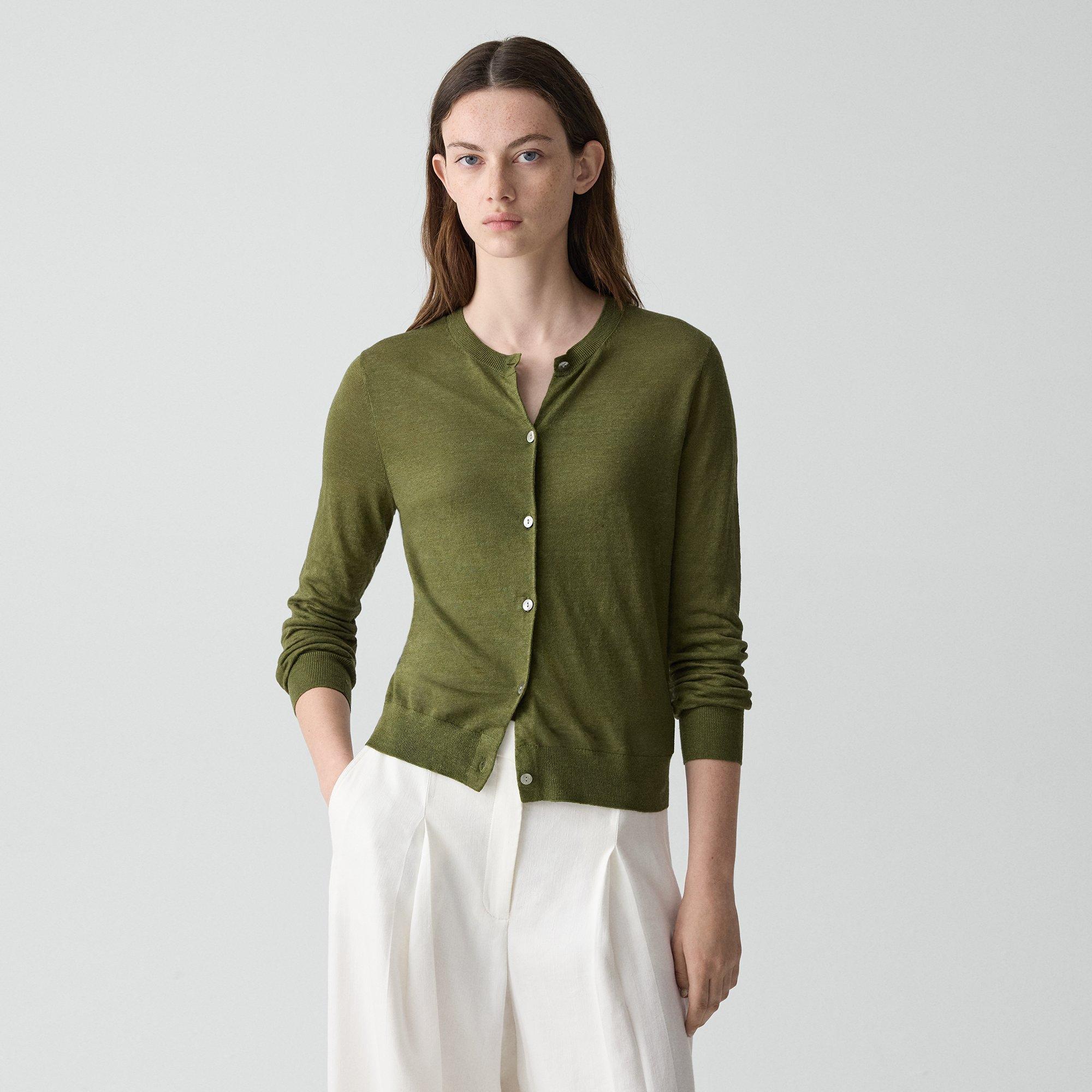 Theory Crewneck Cardigan In Linen Knit In Multi