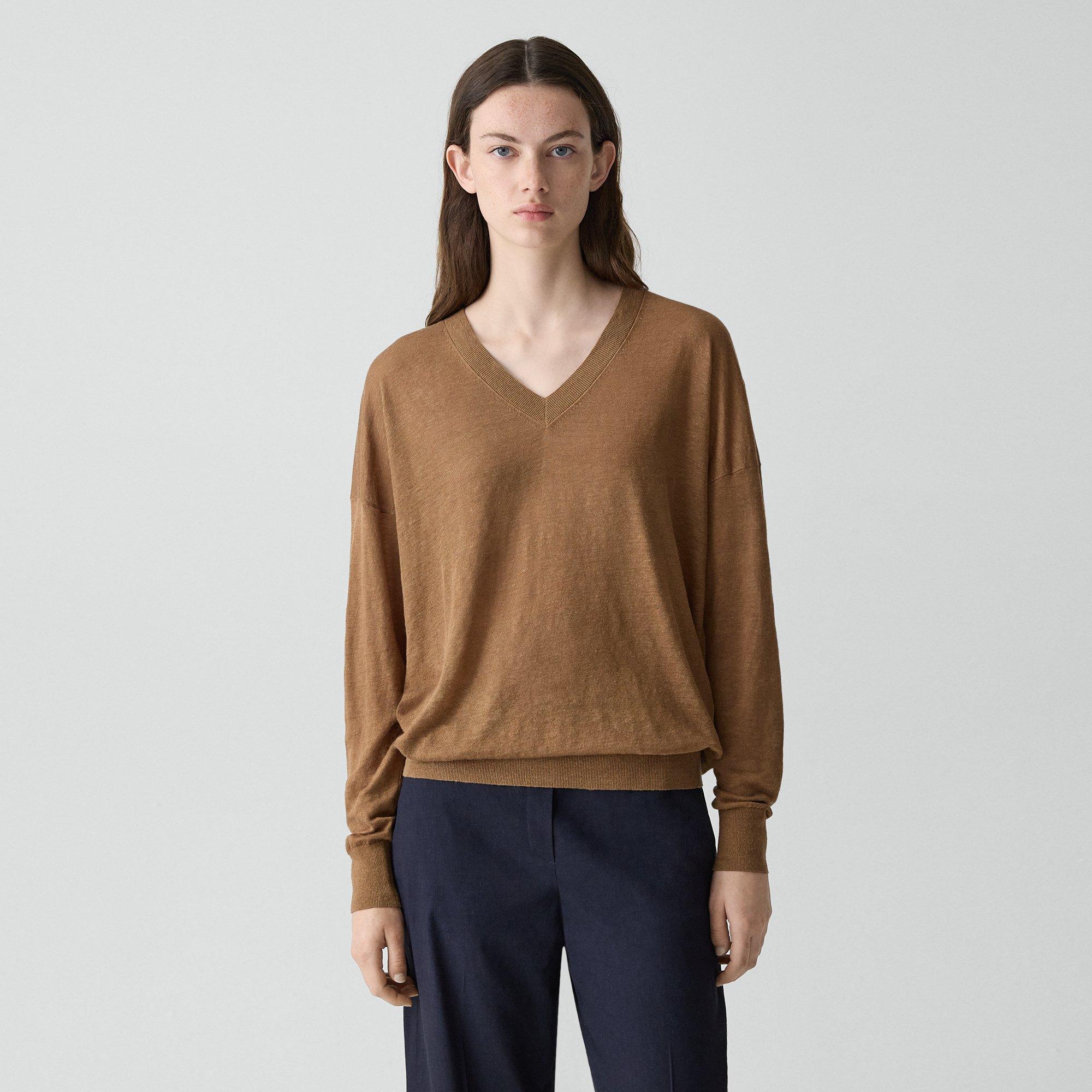 Theory Oversized V-neck Sweater In Linen Knit In Multi