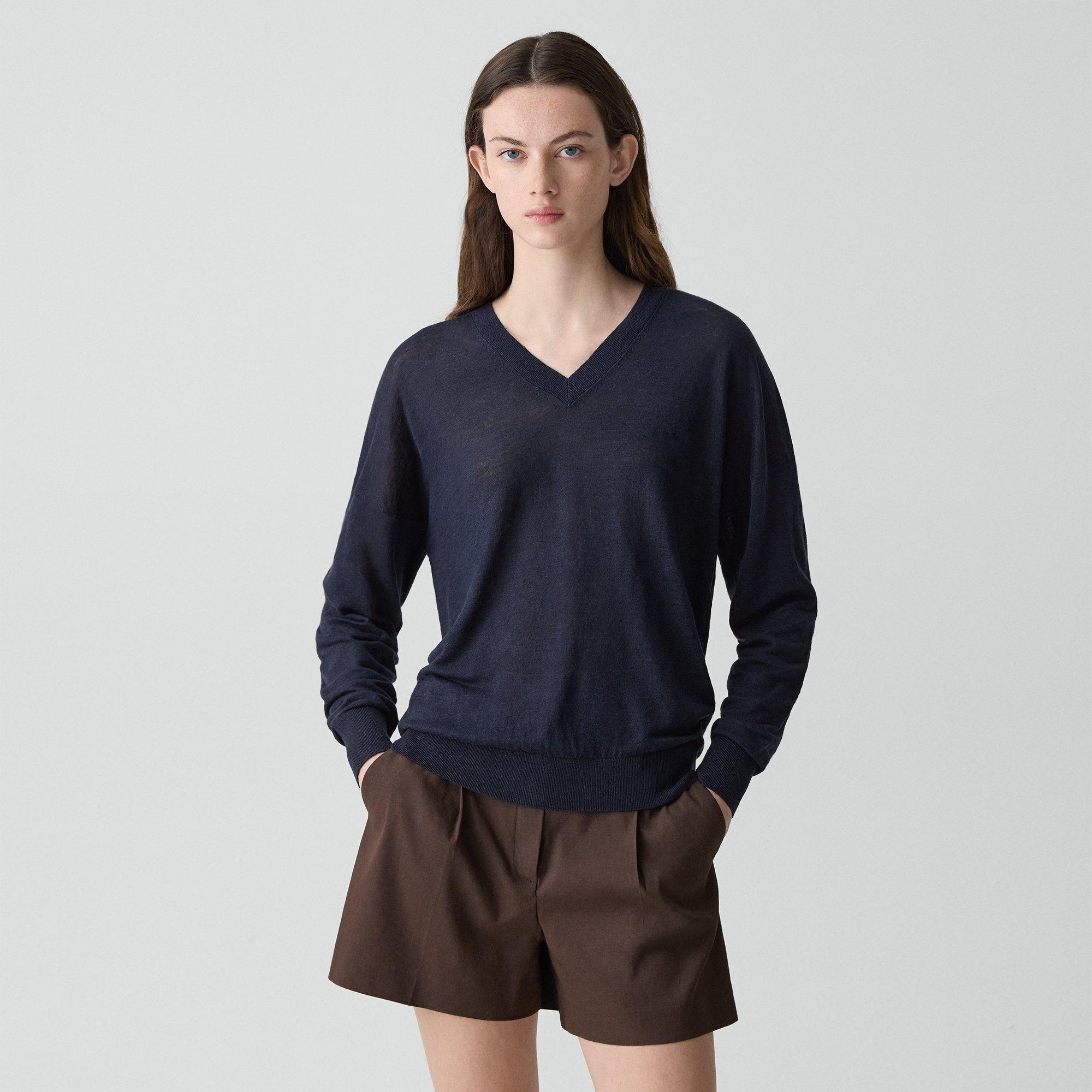 Theory Oversized V-neck Sweater In Linen Knit In Multi