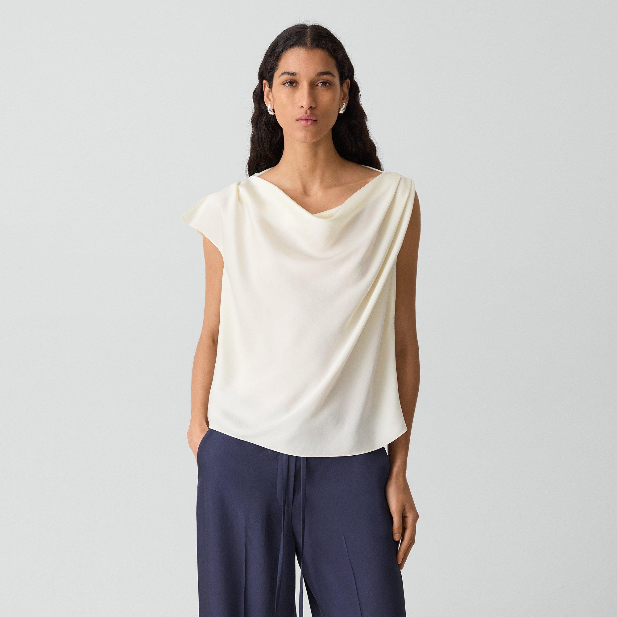 Theory Cowl Neck Blouse In Crushed Satin In White