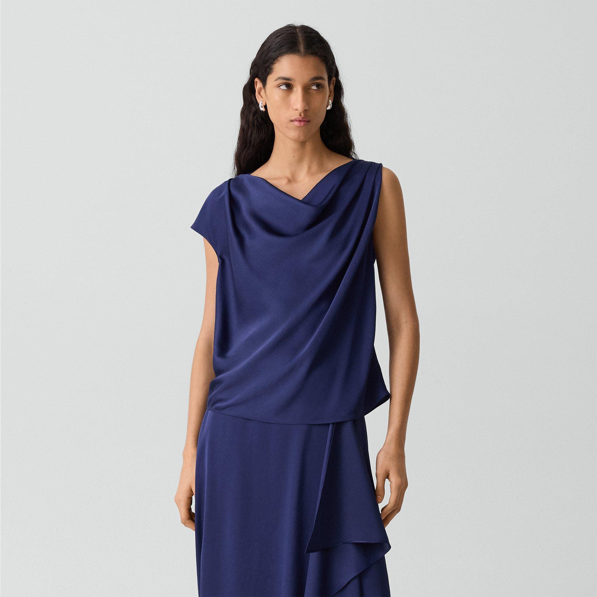 Theory Cowl Neck Blouse In Crushed Satin In Blue