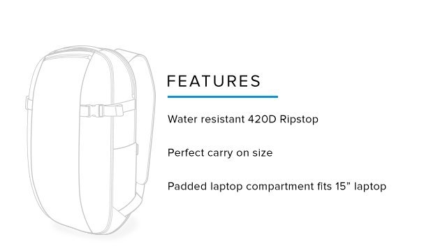 Features: Water resistant 420D Ripstop – Perfect carry on size – Padded laptop compartment fits 15” laptops