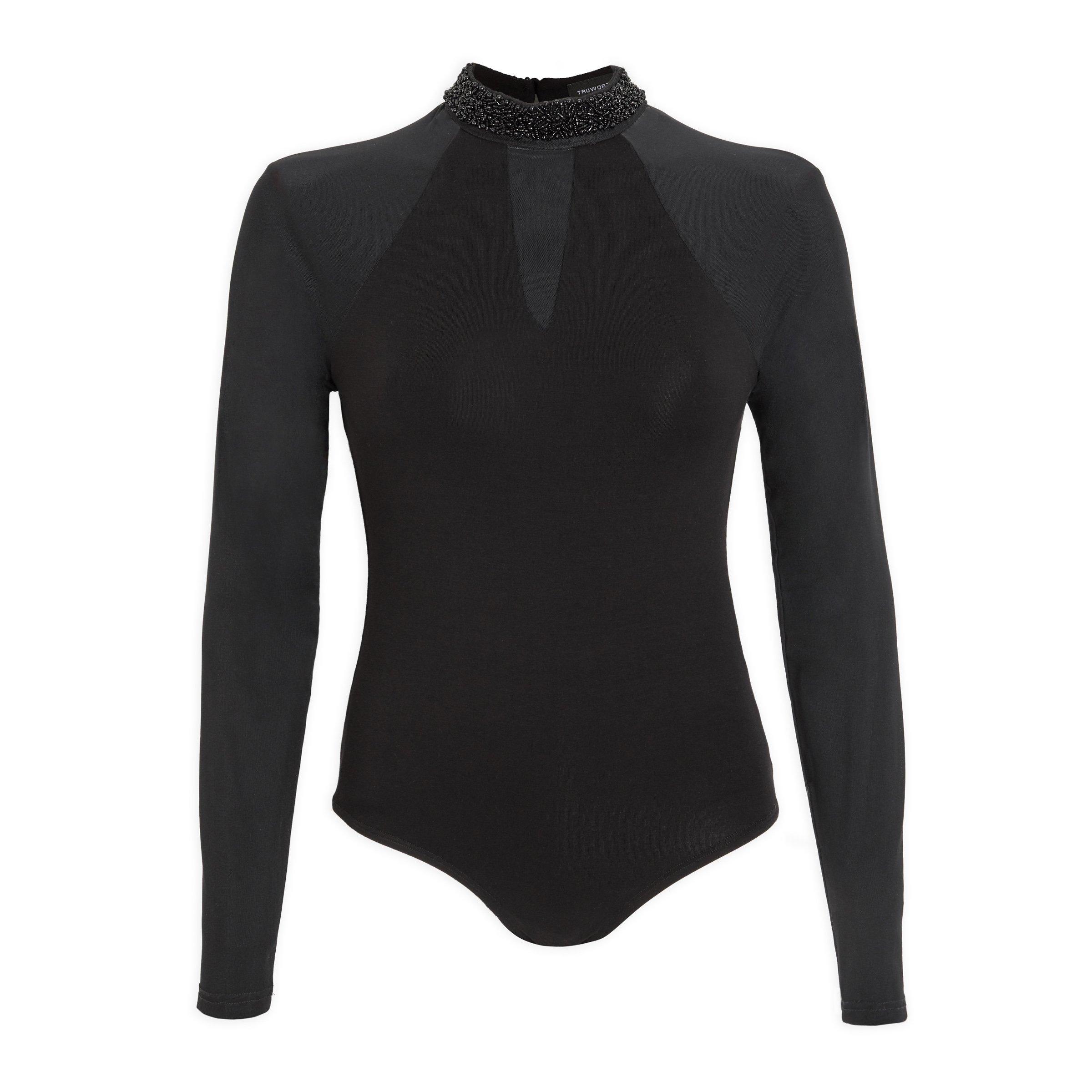 black bodysuit with white collar