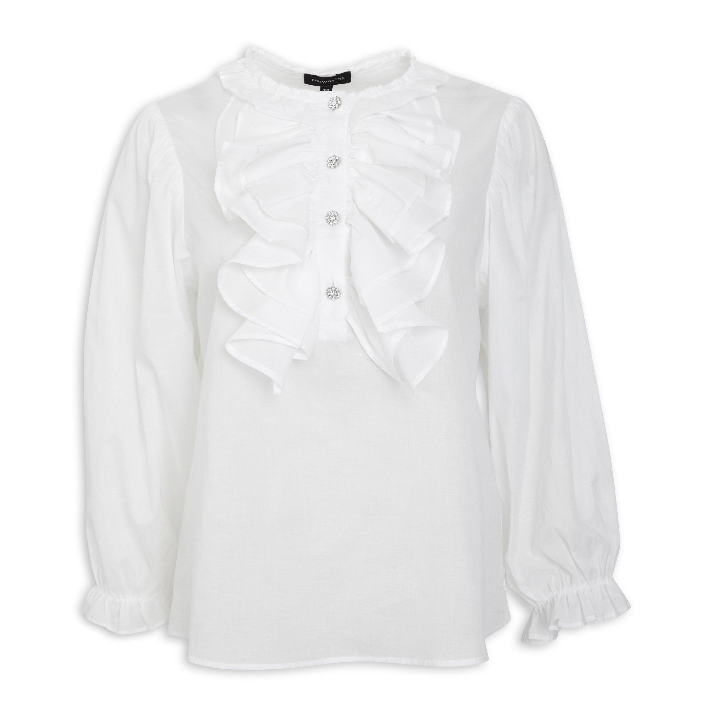 White ruffle blouse hotsell