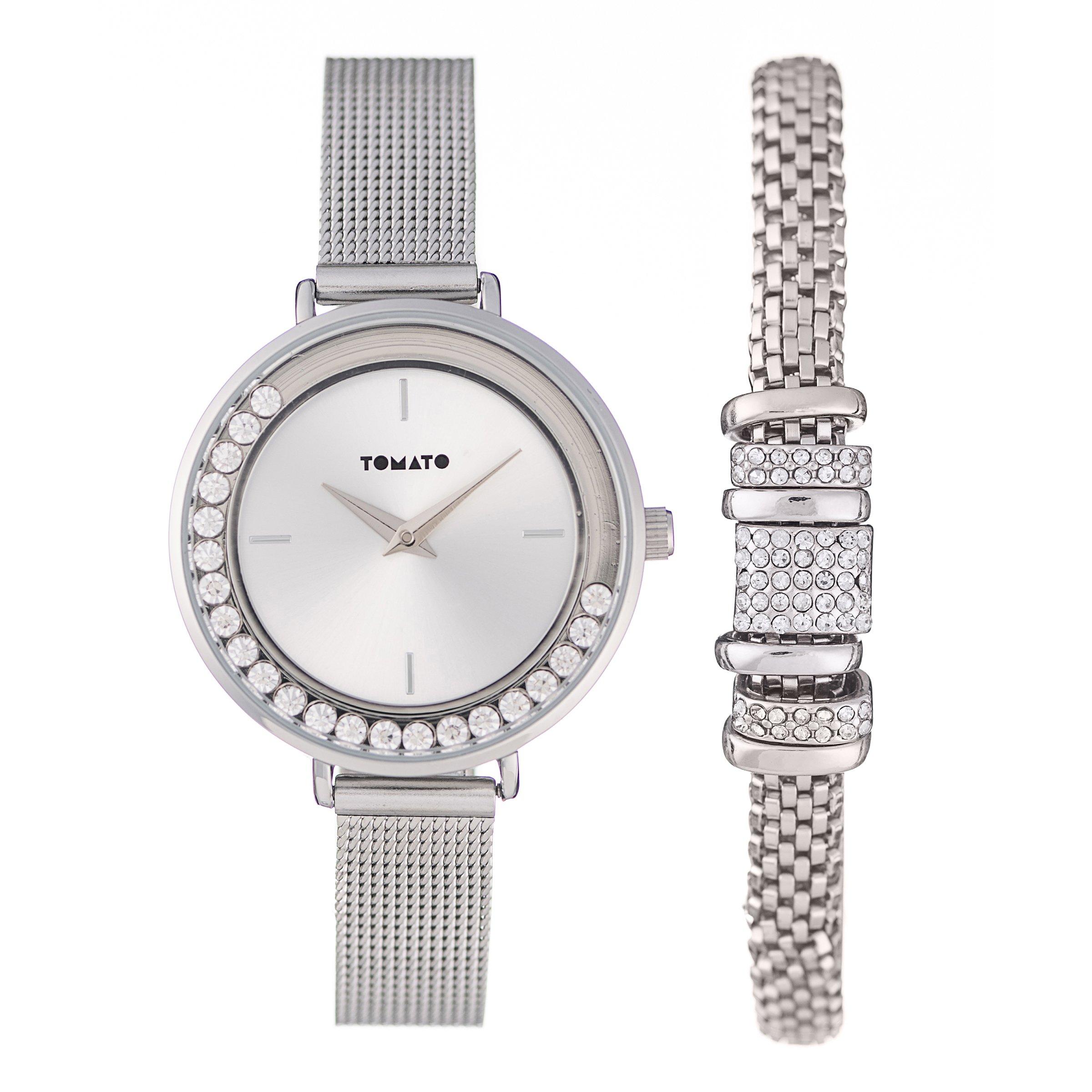 Silver Mesh Watch & Bracelet Set (3065503) Tomato