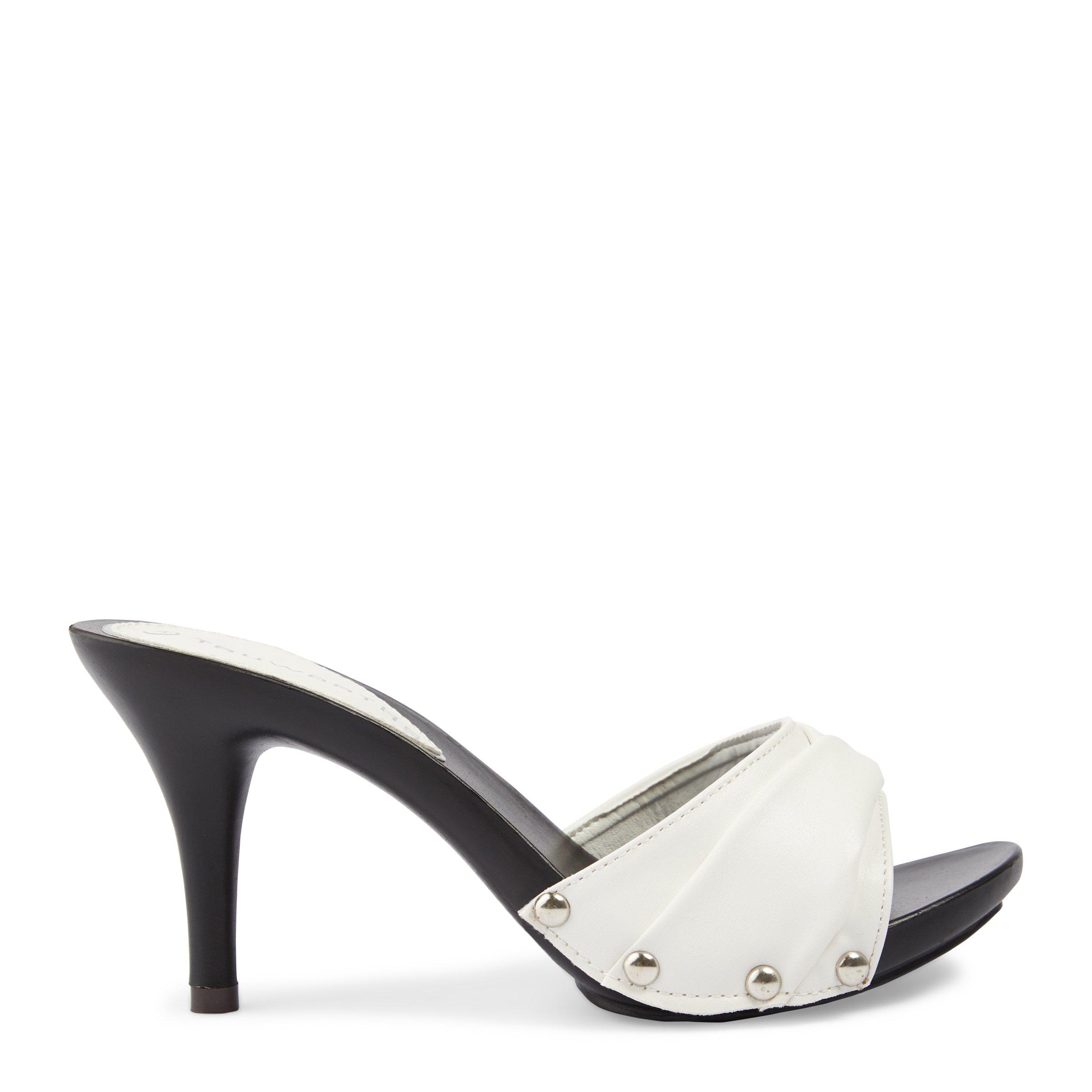 Black and white mules with clearance heels