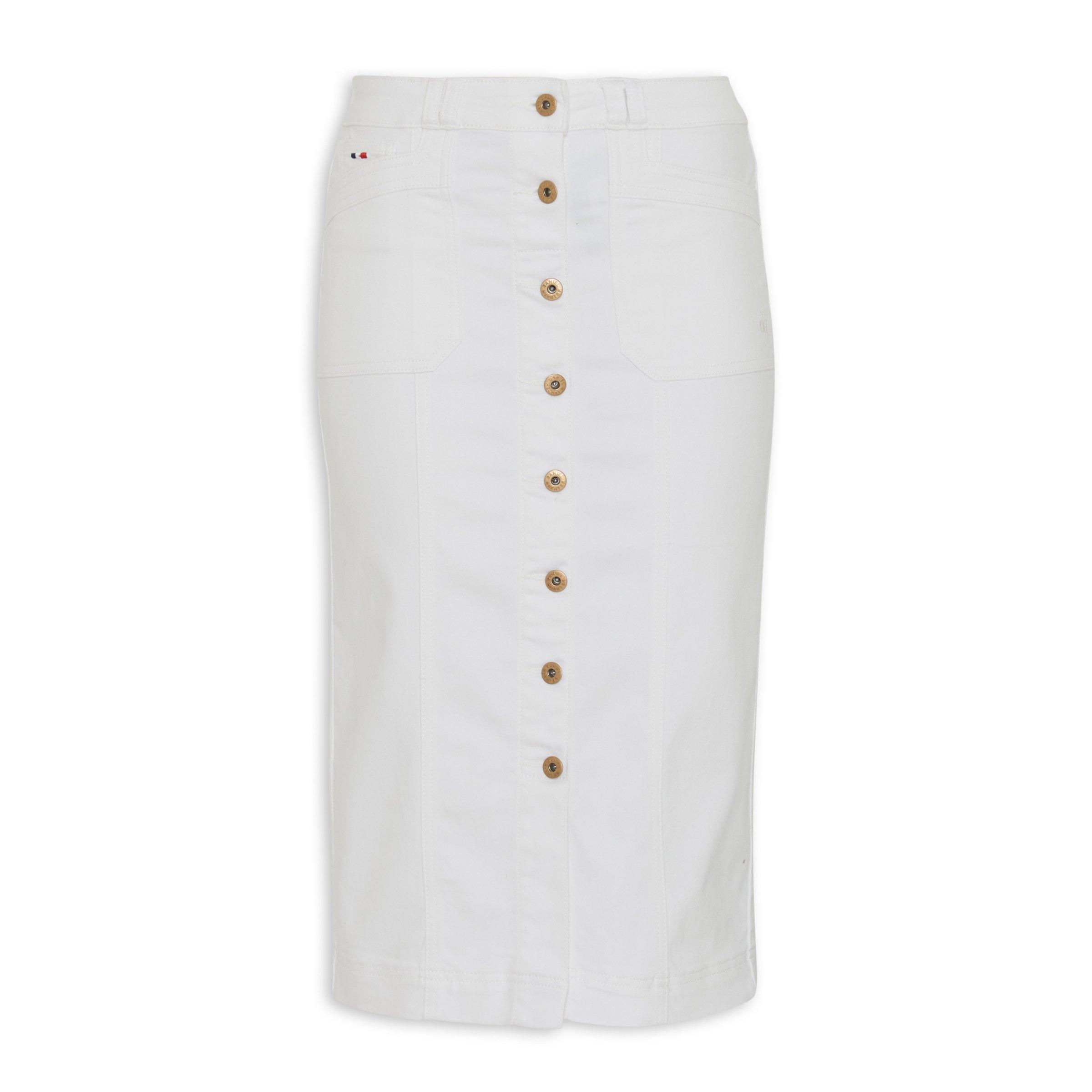 White denim skirt with 2024 buttons