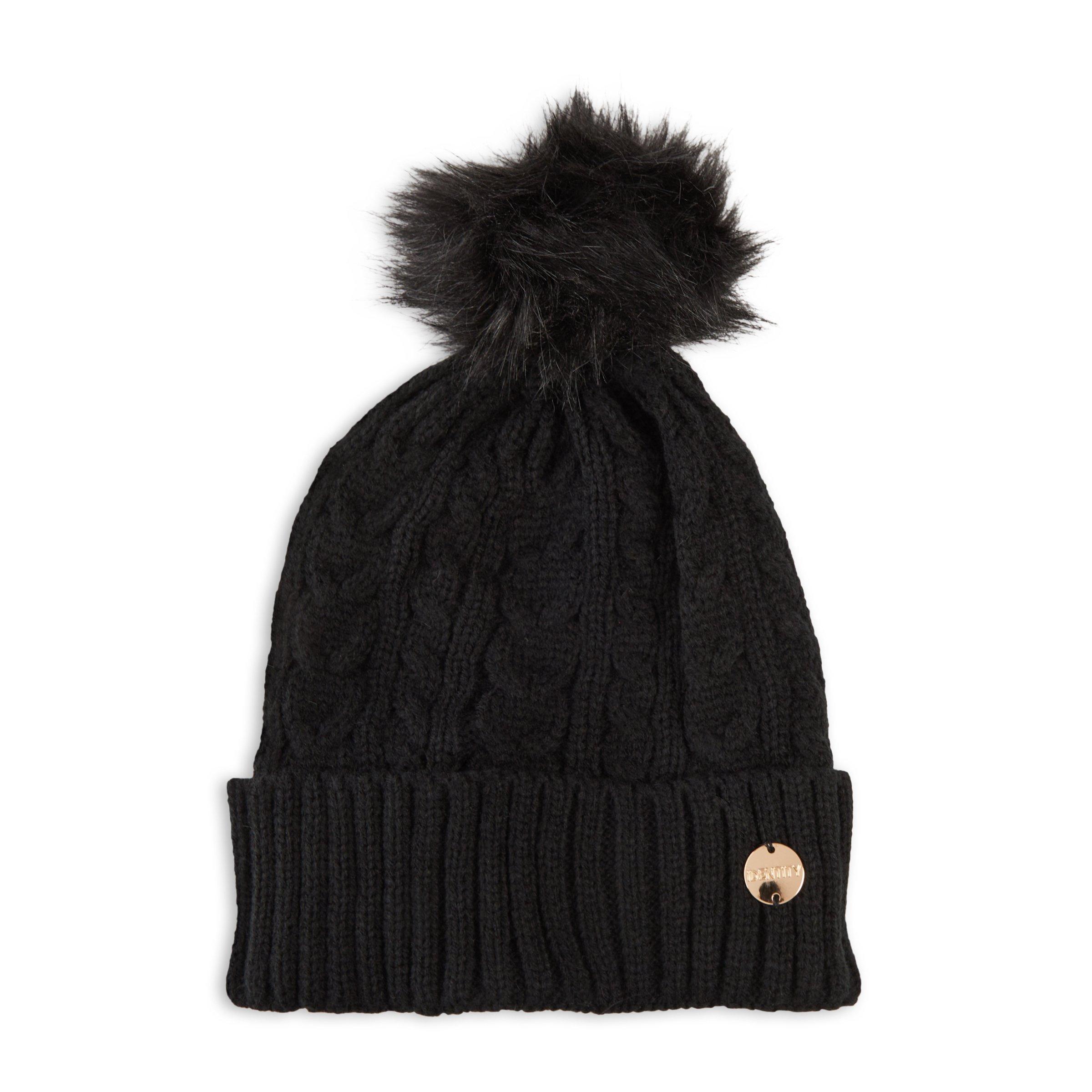 BEANIE HAT IN BLACK WOOL WITH POM POM 438105