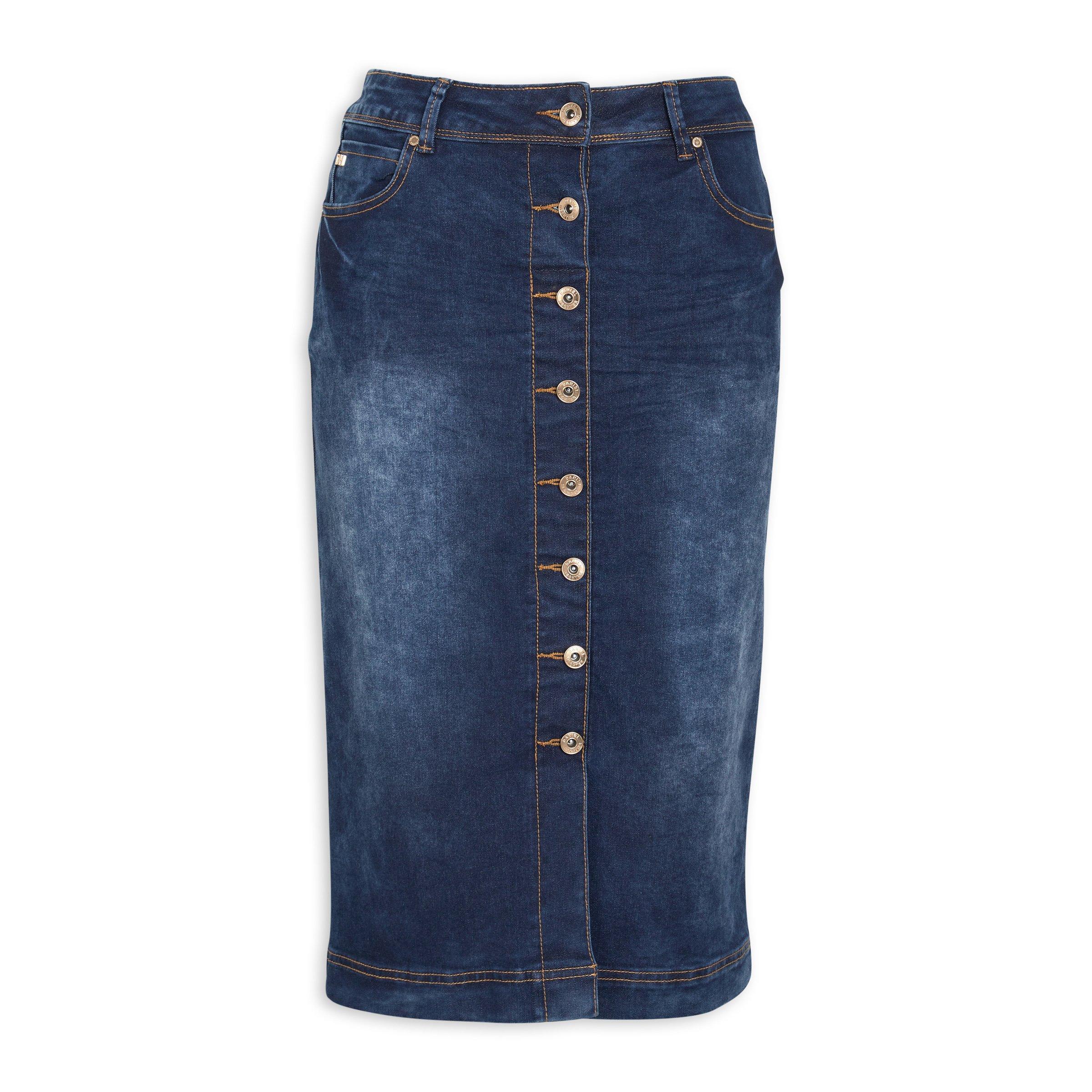 Knee length button through denim skirt hotsell