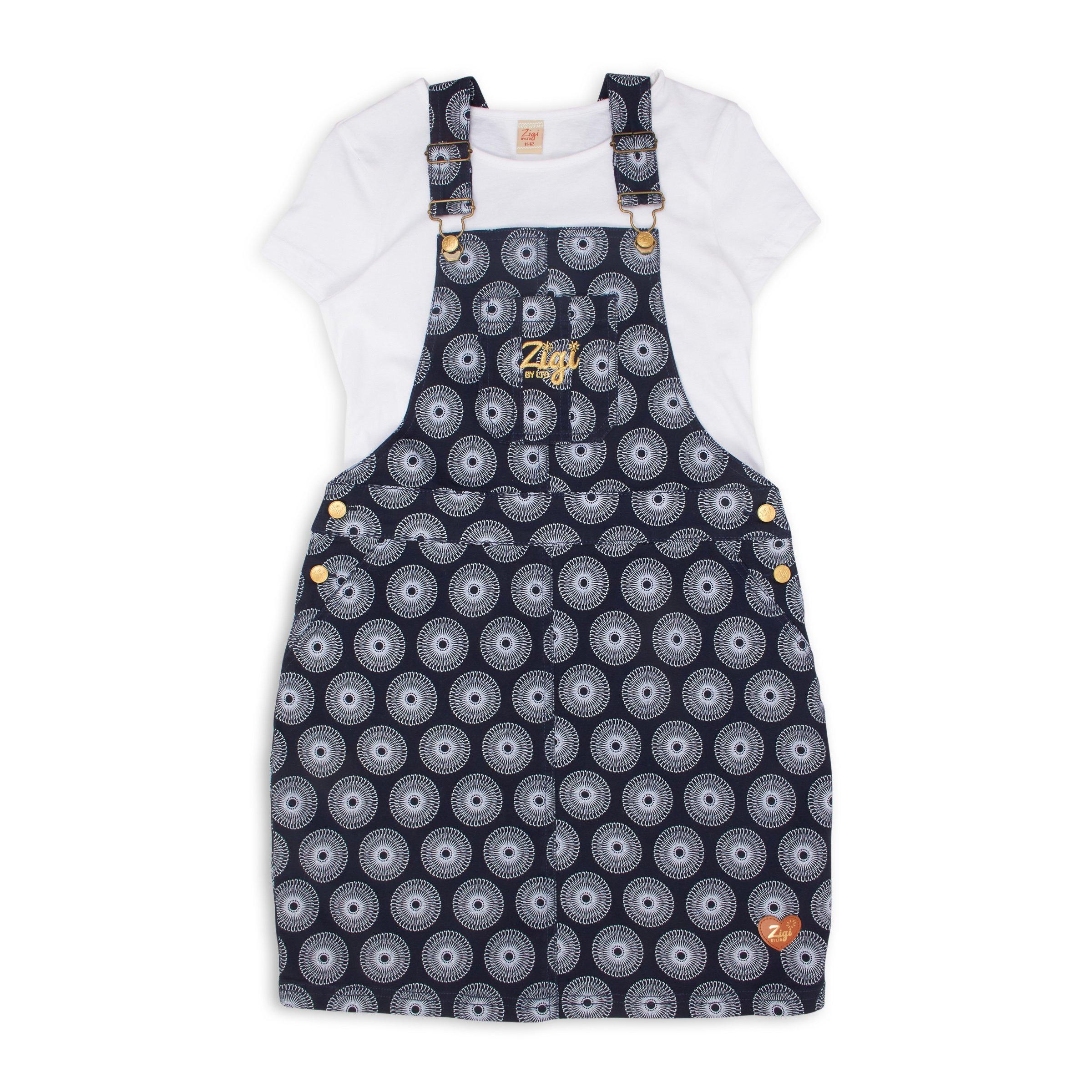 Nautinati Girls Printed Fit and Flare Pinafore Frock with Peter Pan Collar Top Co-ord Set