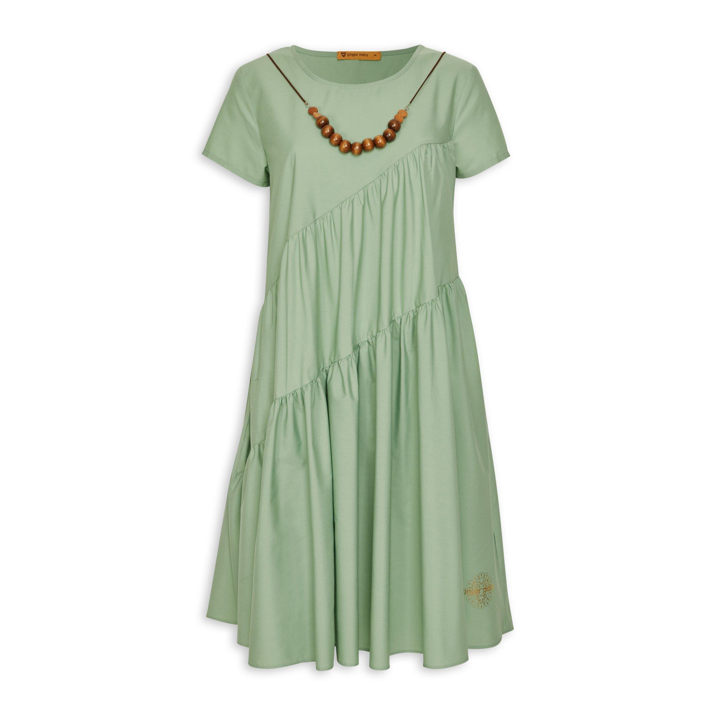 Sage Green Tiered Dress With Necklace (3138546) Ginger Mary