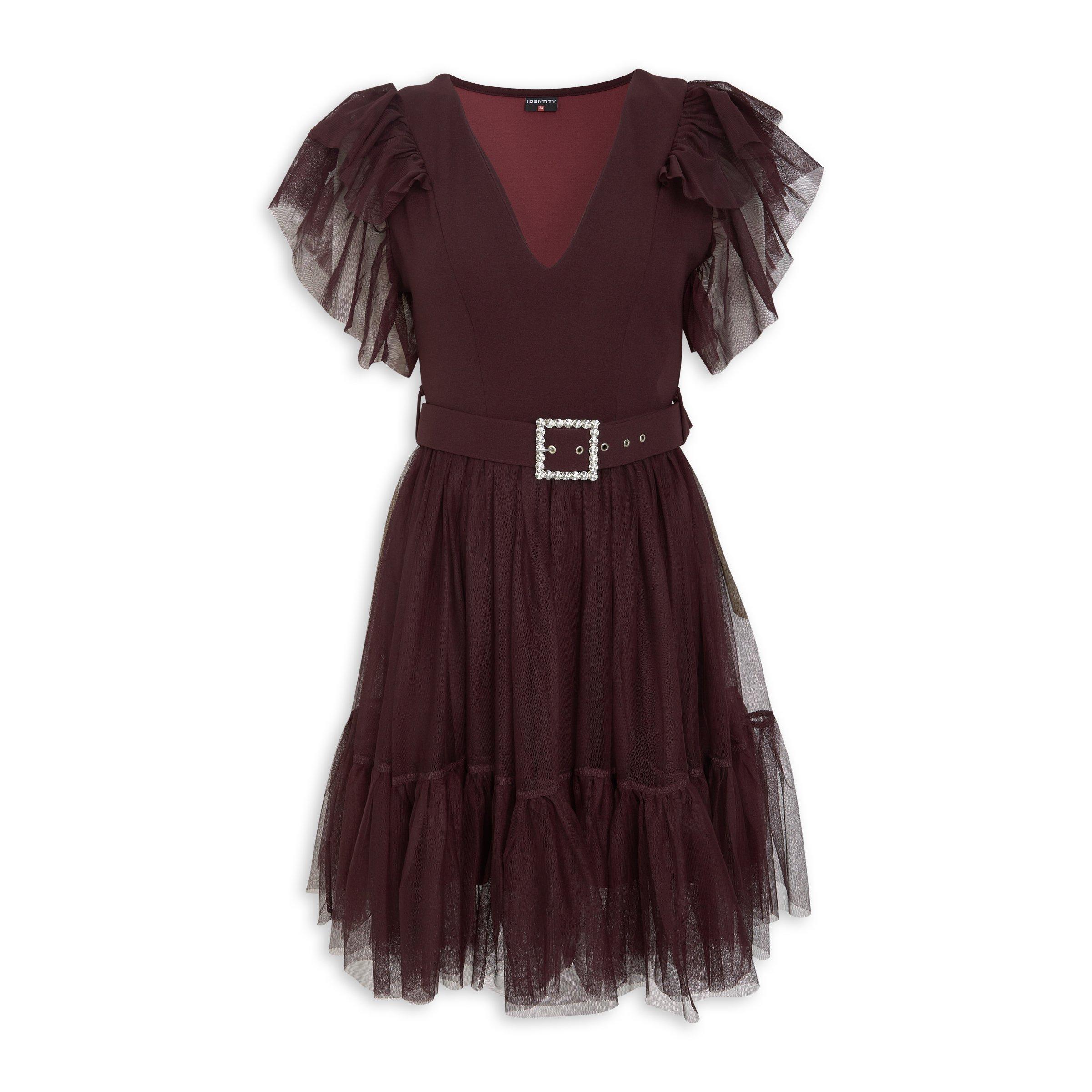 Jacquard Strapless Flare Dress in Burgundy