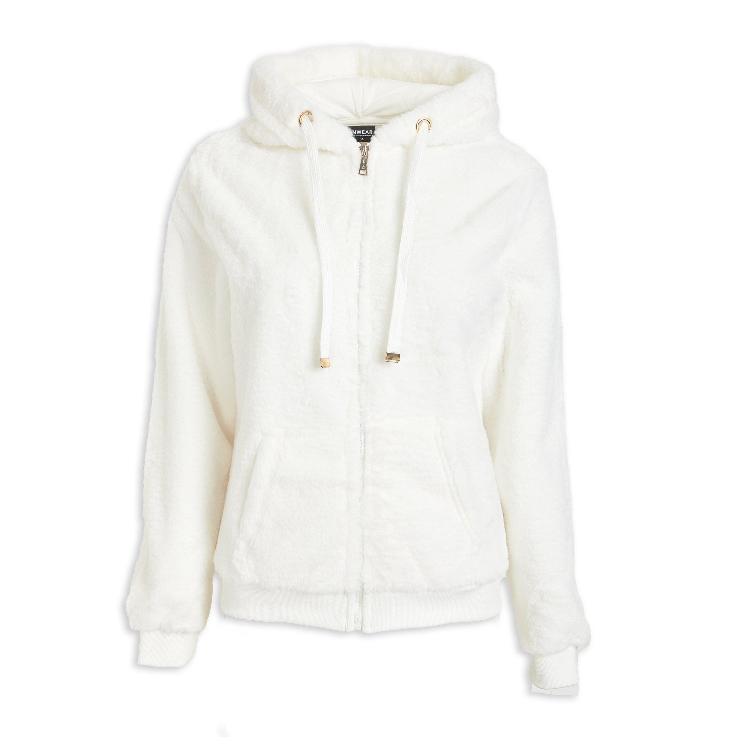 White Fluffy Zip Through Hoodie