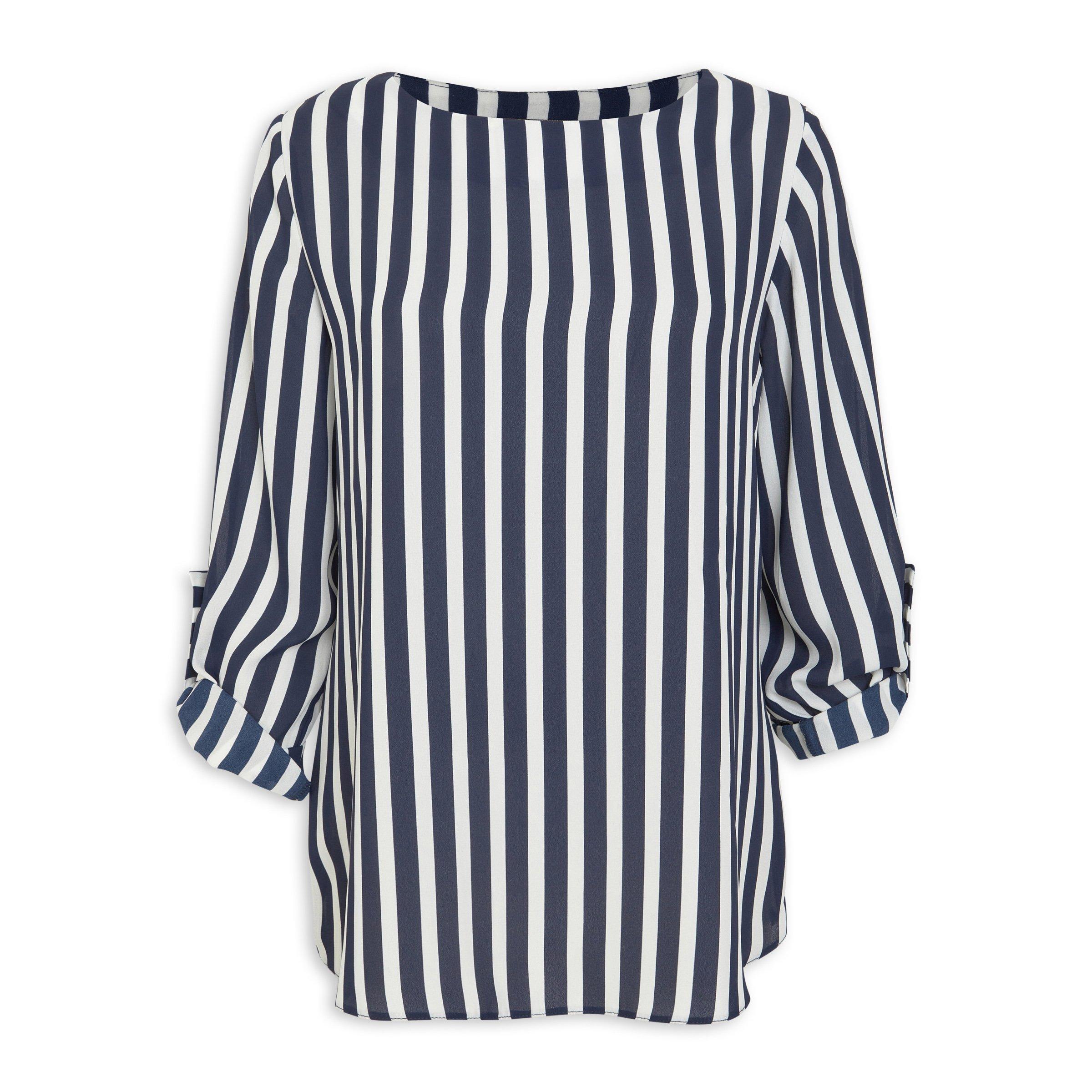 Silk Blend Striped Blouse in Navy & White Stripes