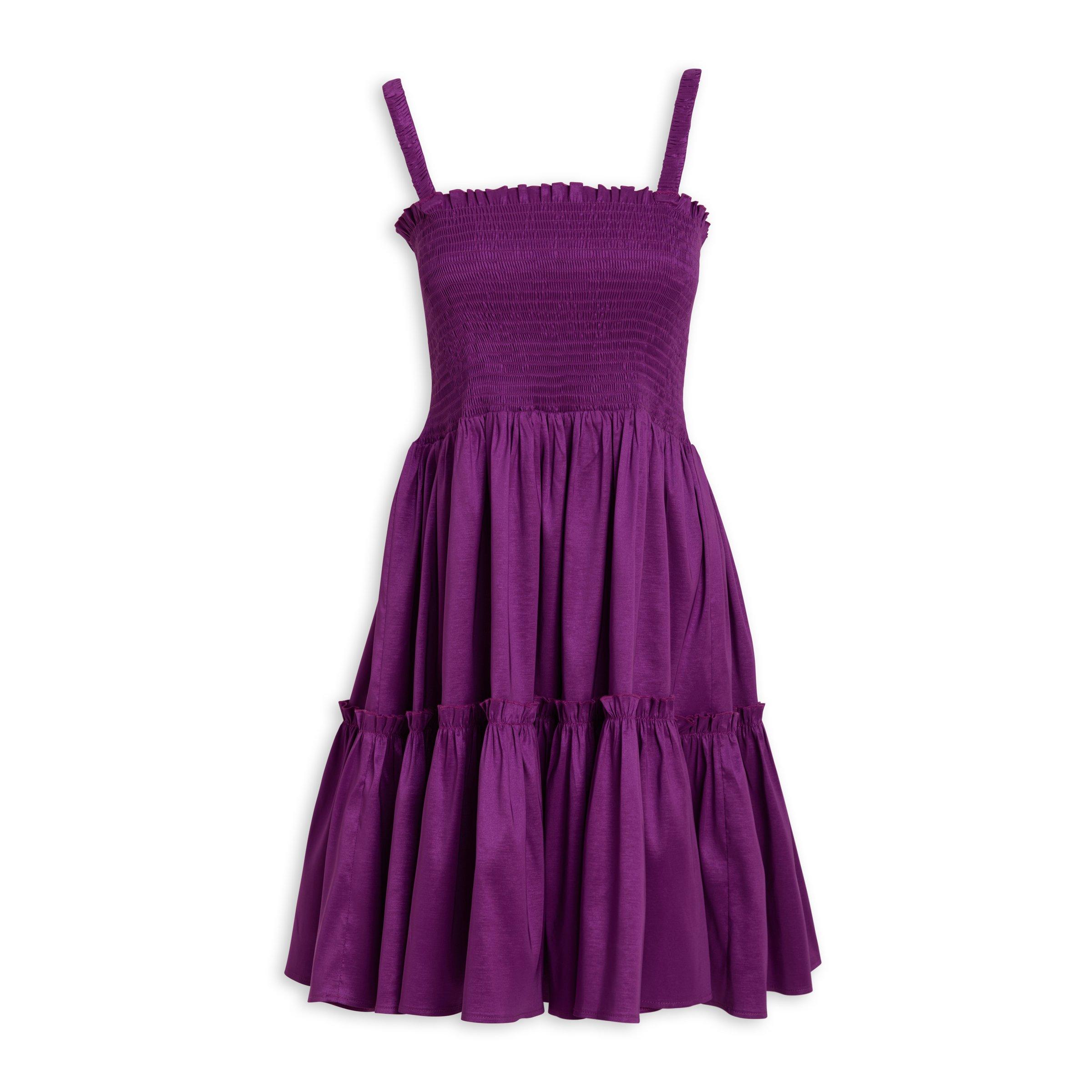 A Line Tiered Purple Printed Tea-Length Dress