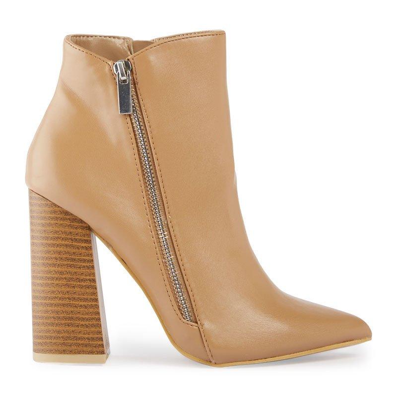 Mocha Luxe Ankle Boots, Square Block Heels Leather Pointed-Toe Booties