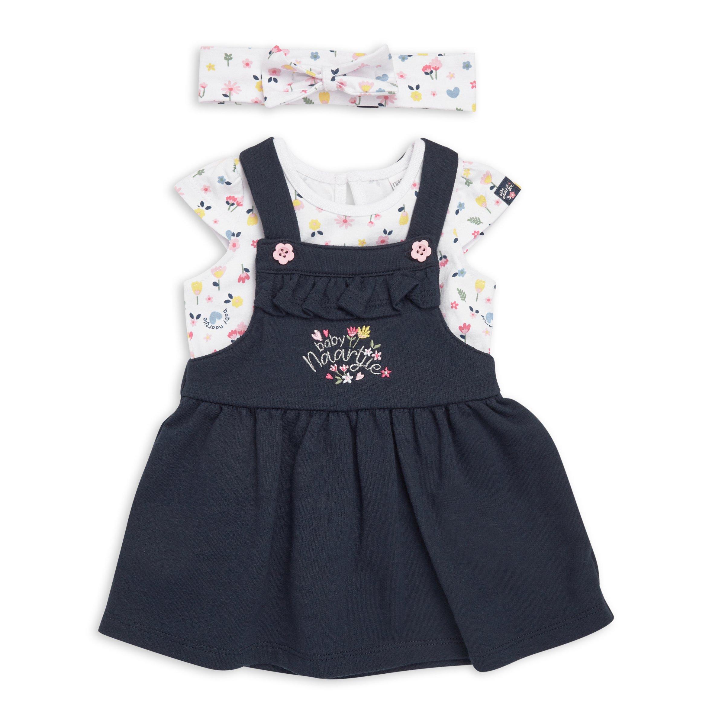 Nautinati Girls Floral Embroidered Pure Cotton Pinafore with T-shirt Co-ord Set