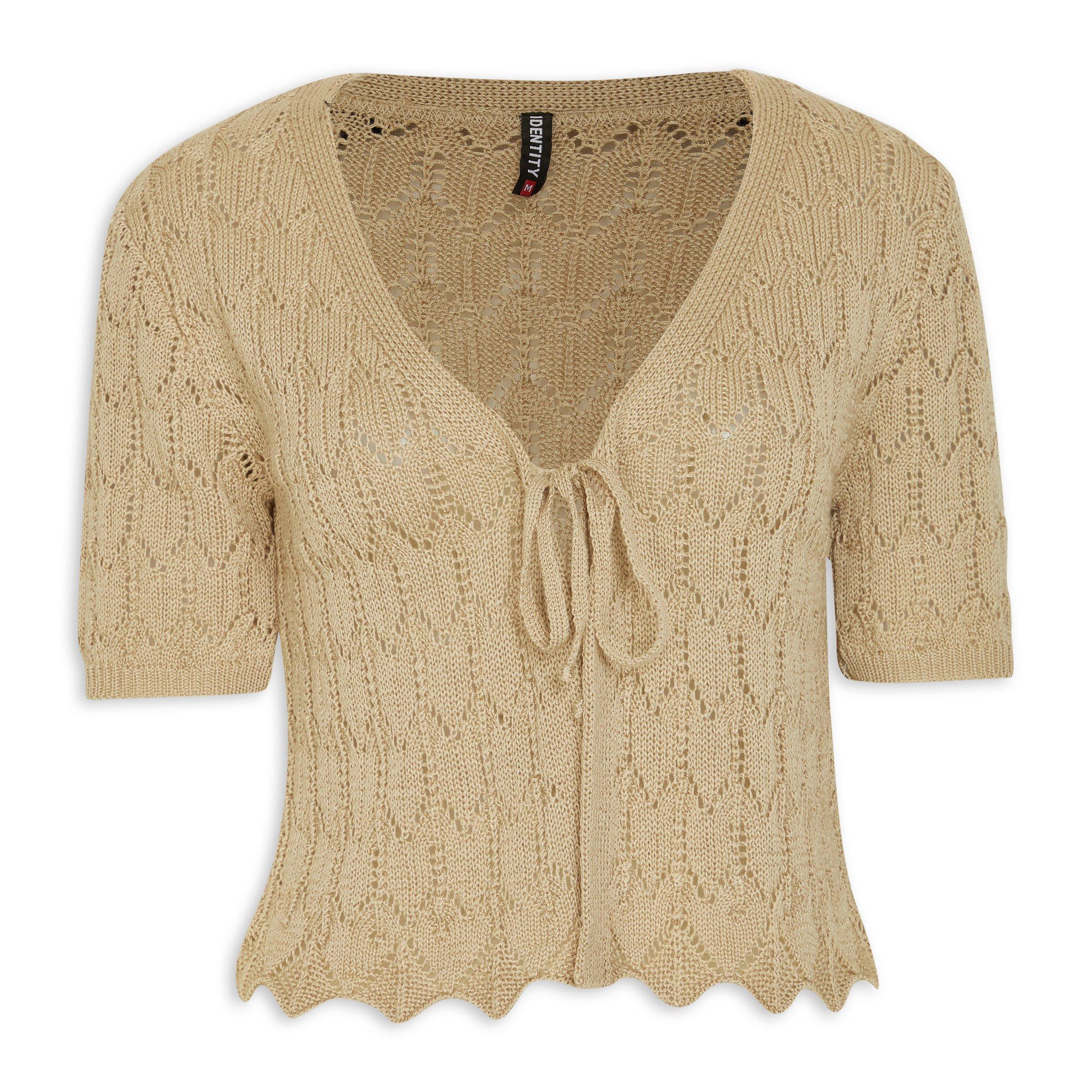 Beige Wool Cardigan with Check Motif