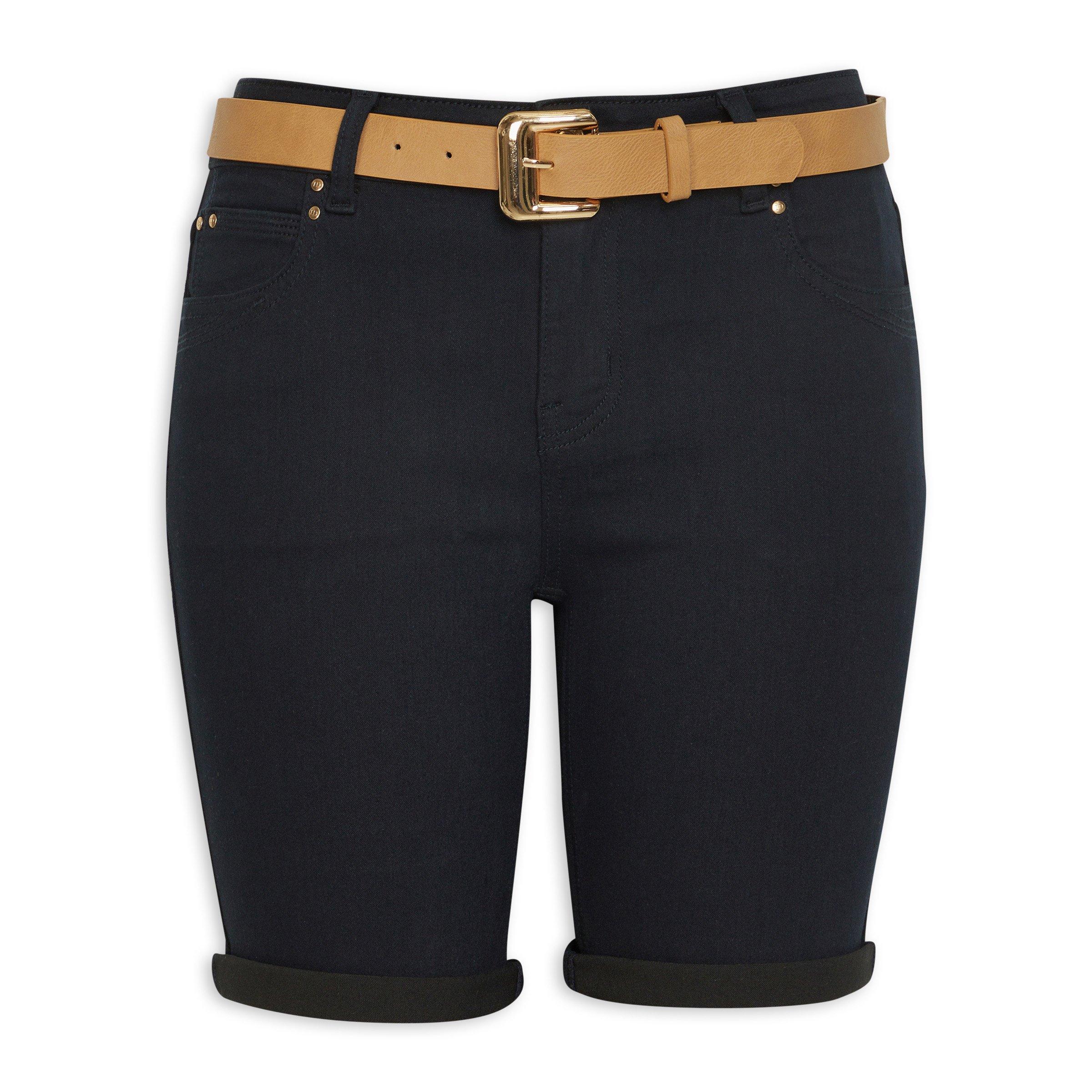 Navy High-Rise Denim Shorts with Button Detail