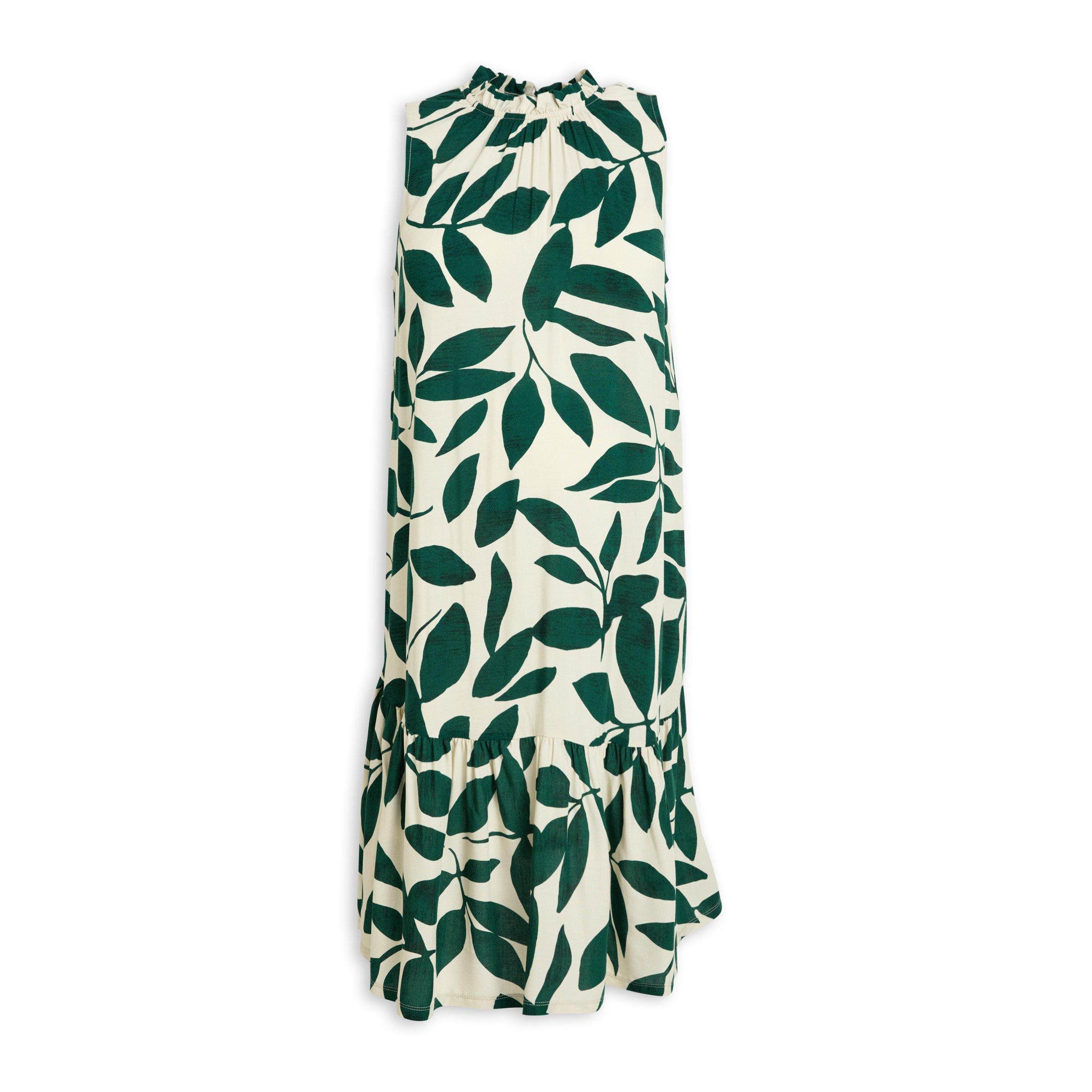 slim fit dress slacks Green & White Leaf Printed Midi Dress – Amukti main image 1