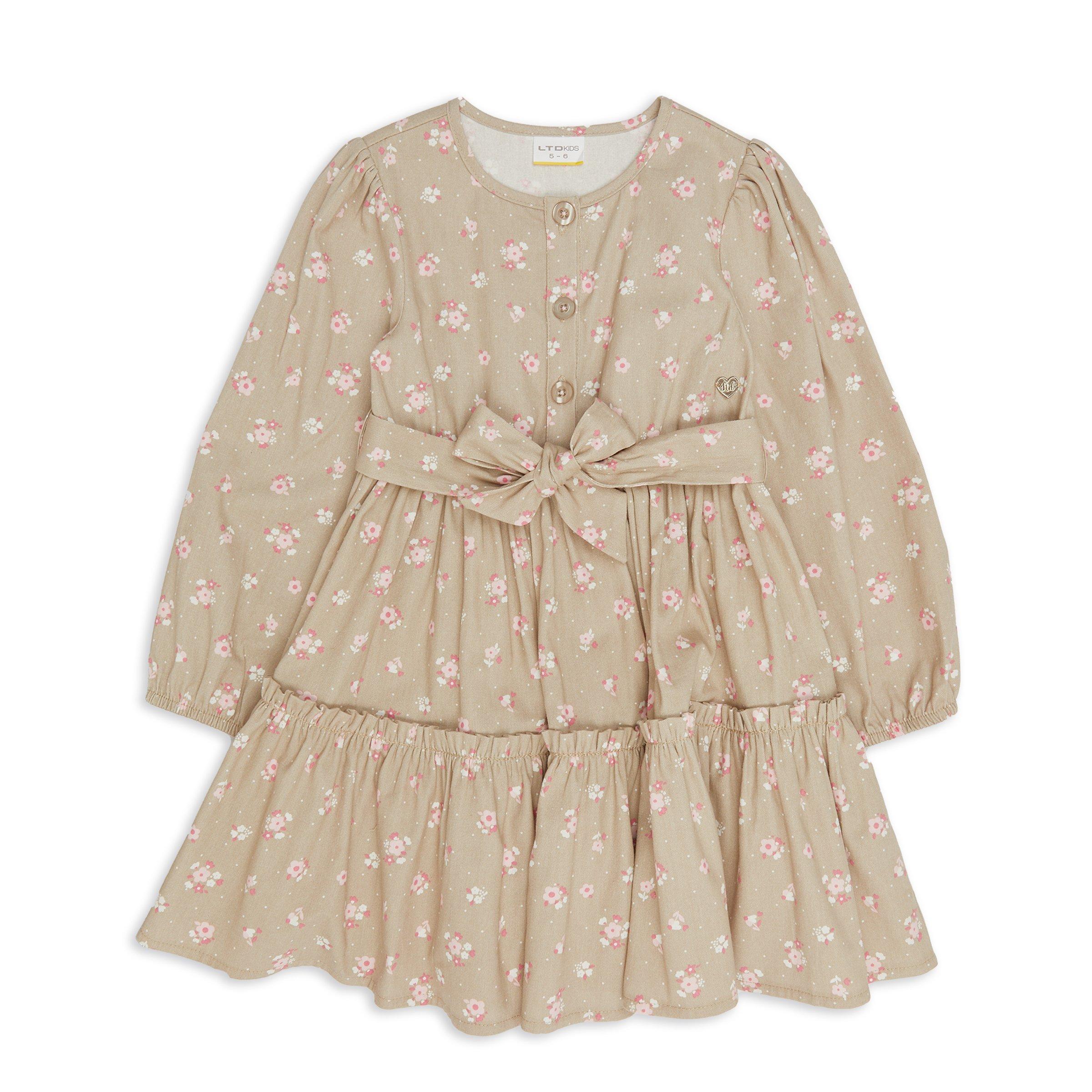 Beige Girl's Dress with White Drops Print