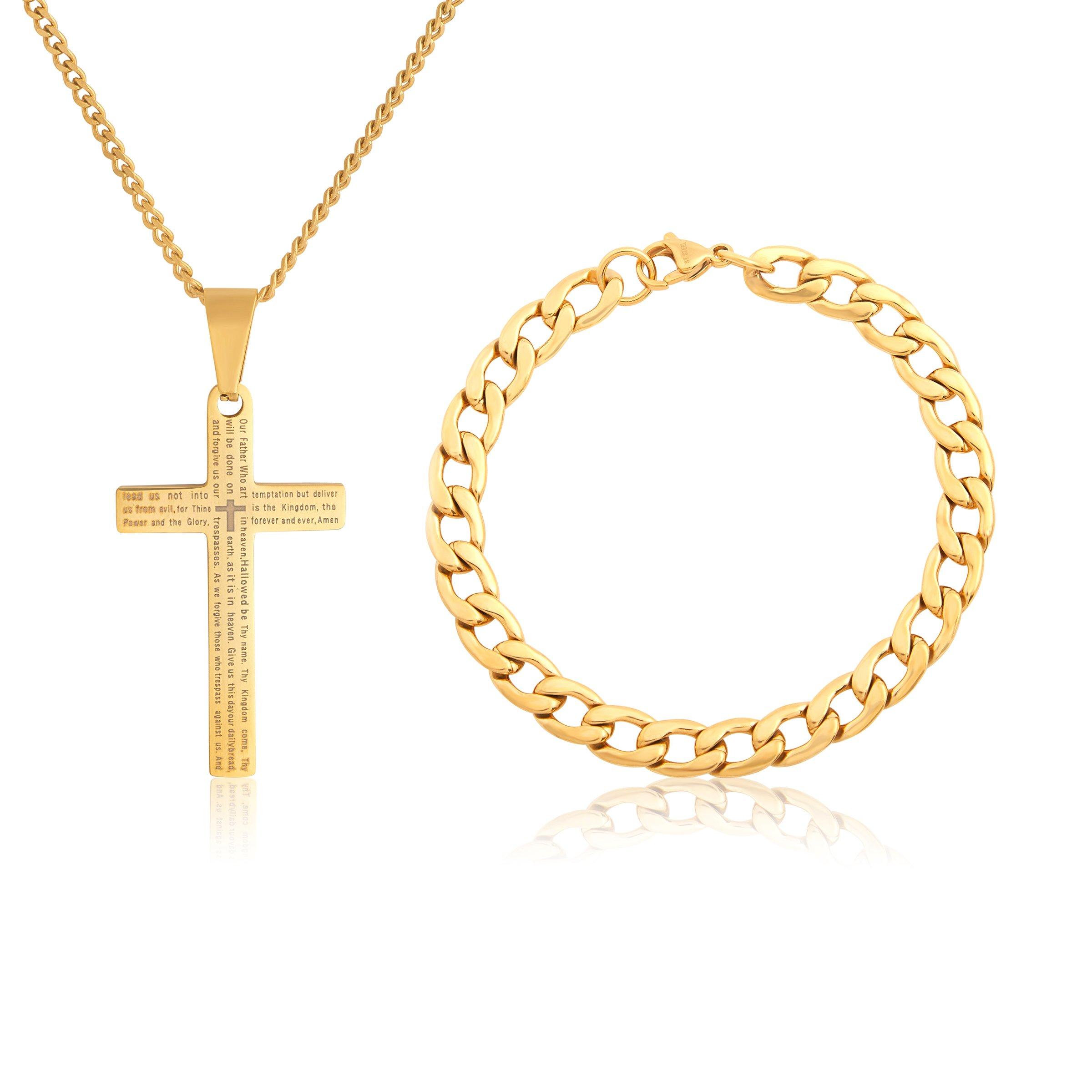Stainless Steel Rosary Bracelet & Necklace Set - Prayer Cross With Beads, Gift Bag Included