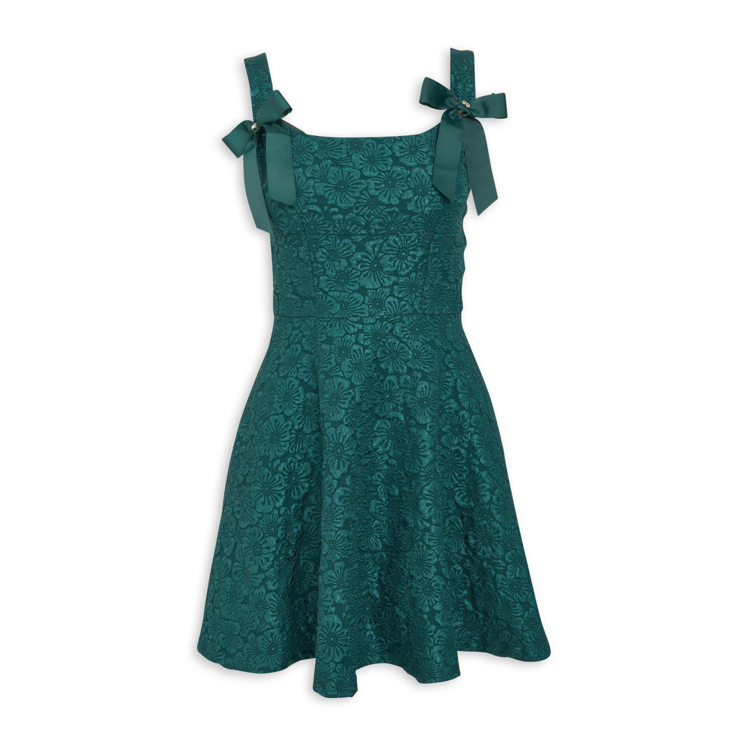 ivette jacquard fit and flare dress in green Green Jacquard Puff-sleeve Fit-and-Flare Mini Dress Medium