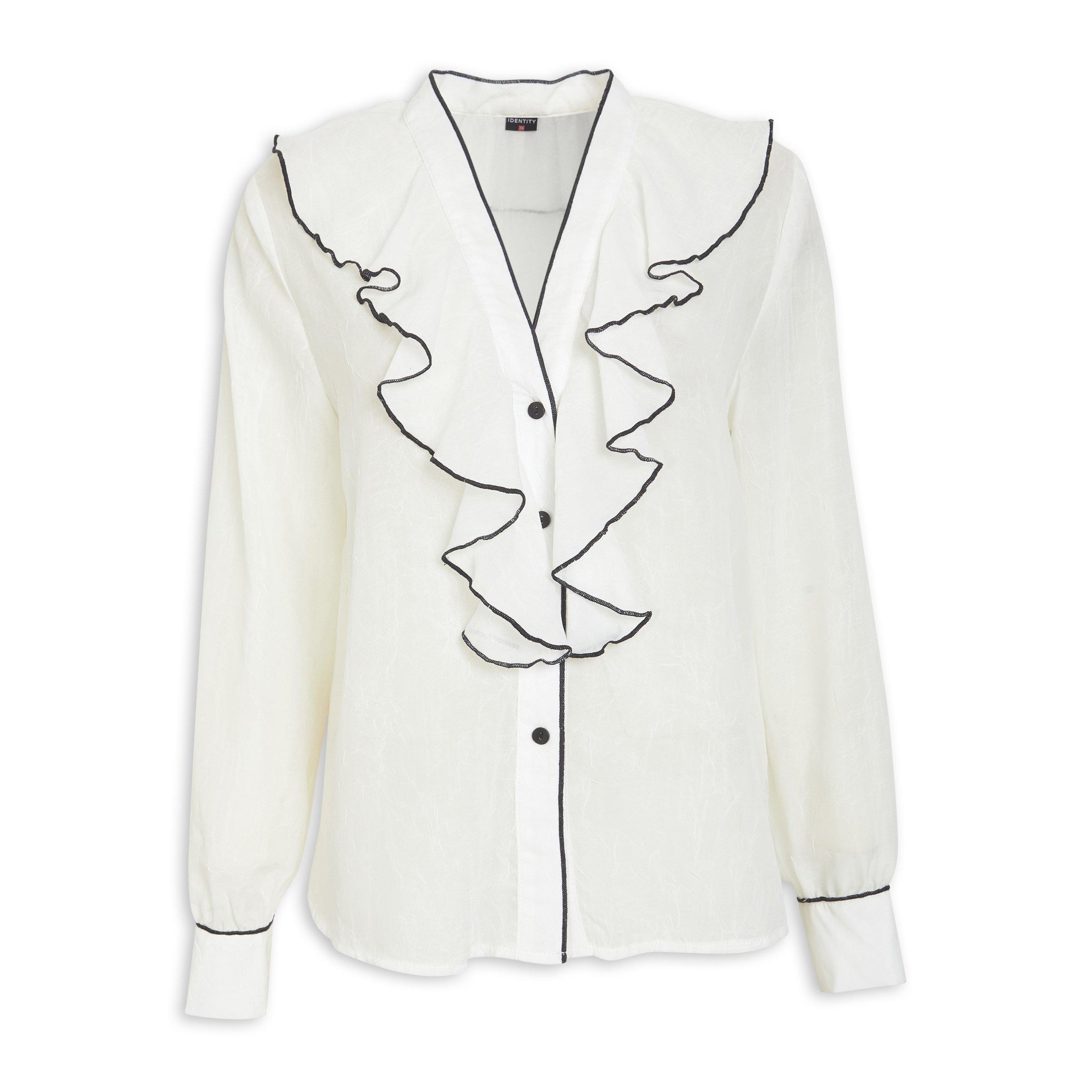 White Studded Contrast Piping L/S Blouse