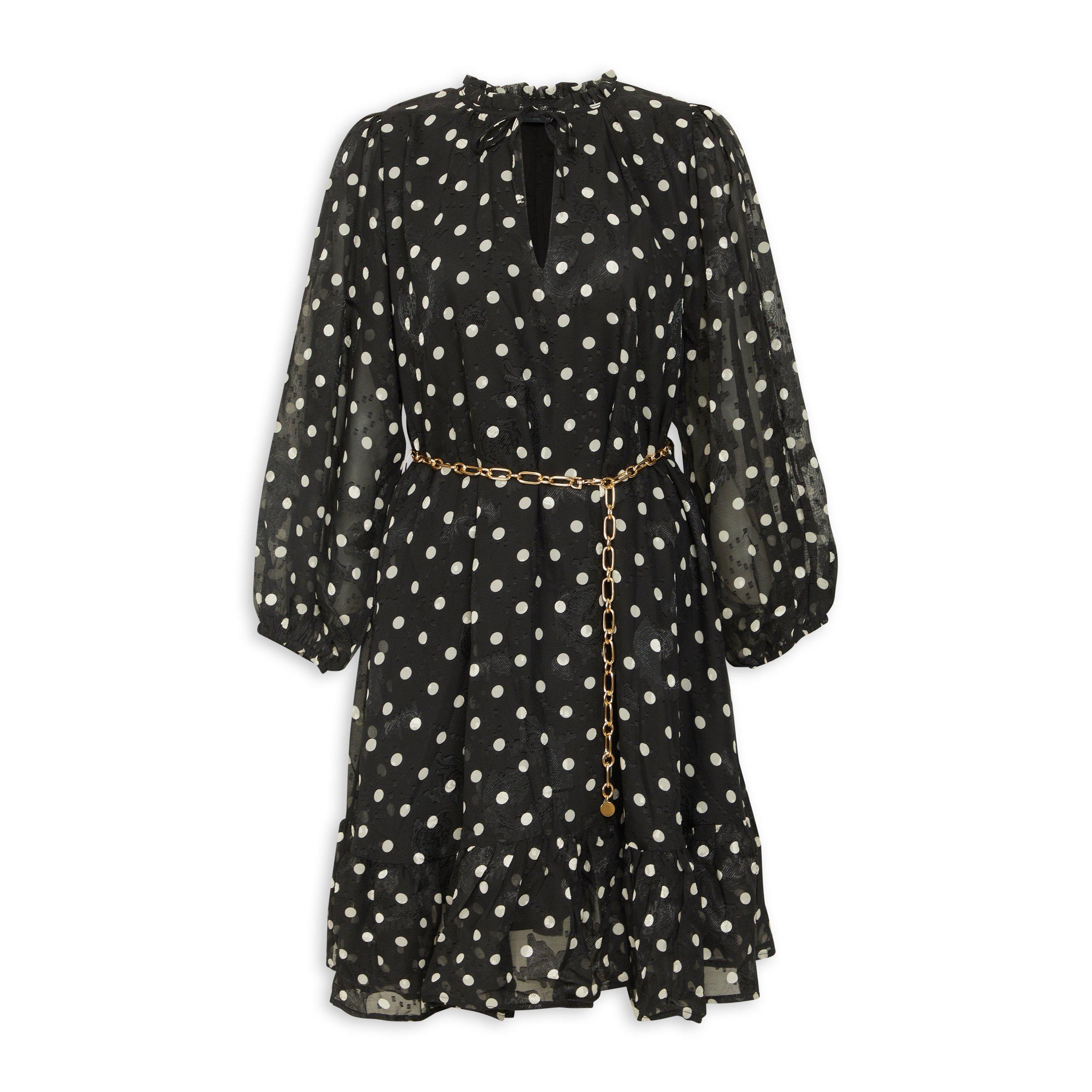 slim fit dress slacks Dina Women's Short Black Dress with Gold Polka Dots