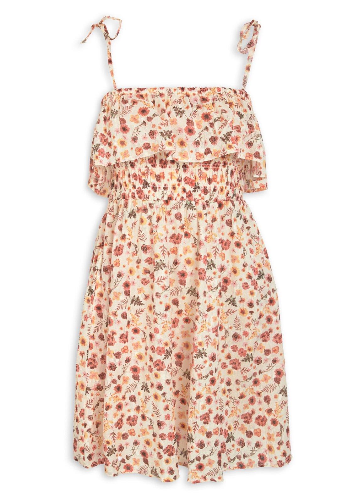 Women Beige Floral Printed One Shoulder Fit And Flare Dress main image 0