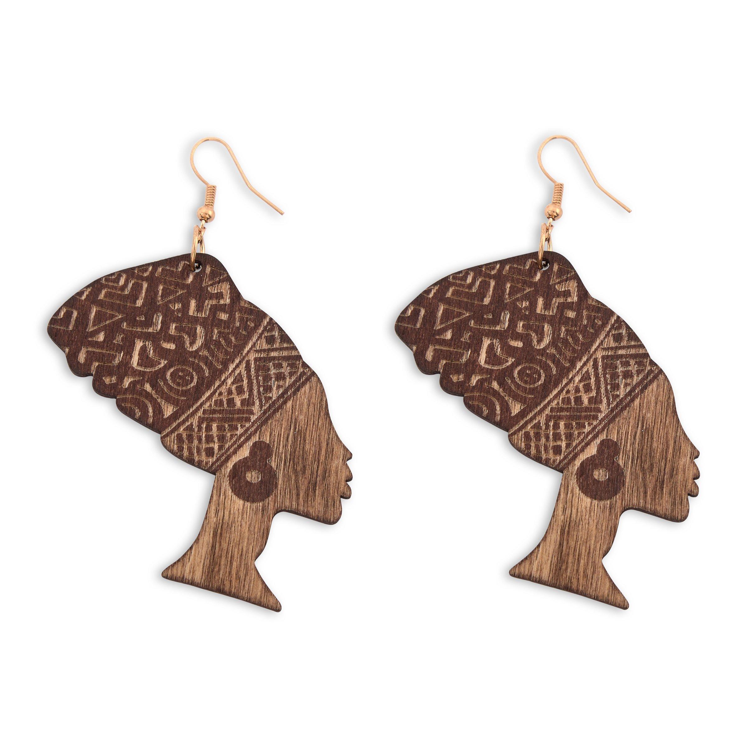 Tan Africa Head Wooden Drop Earrings (3198170) Avanglion Time