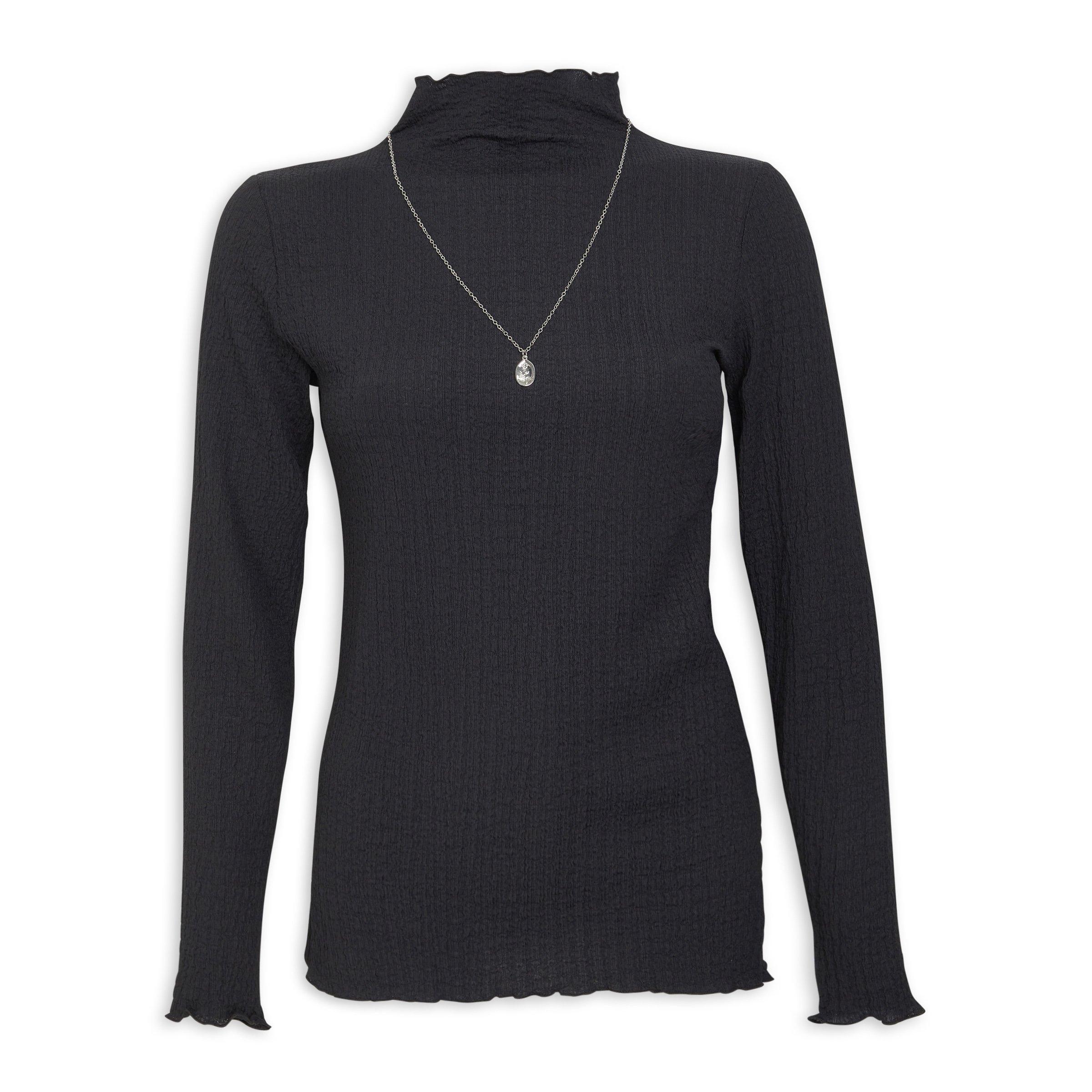 Black Full-Sleeve Off-Shoulder Top with Stonework Detailing - NZT28