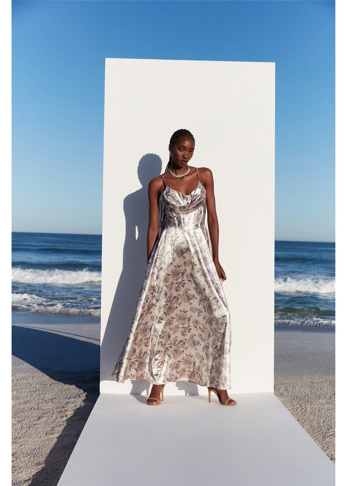 Beige Fit and Flare Floral Print Dress (3203807) | Emily Moon