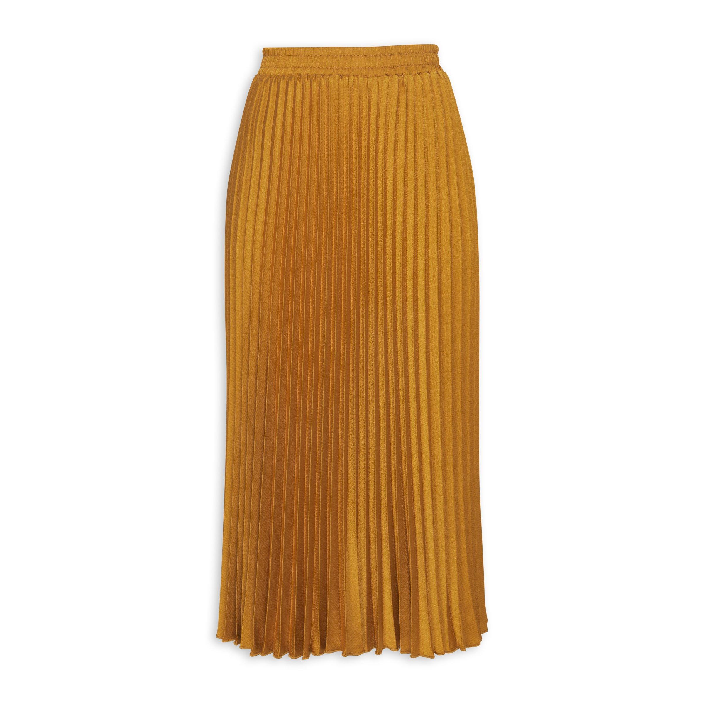 Mustard Yellow Red Bird Floral Box Pleated Skirt With Pockets