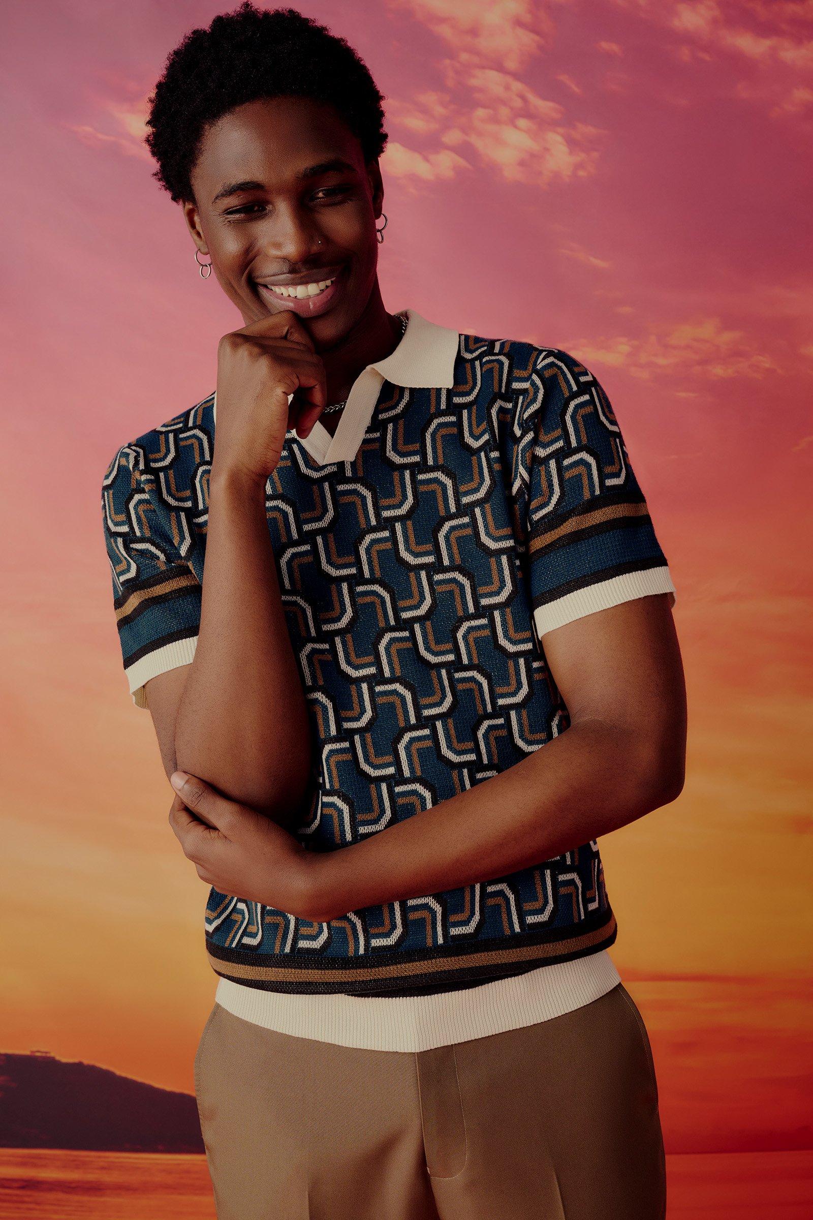 Teal Geo Print Knit Golfer Shirt (3208425) | Identity