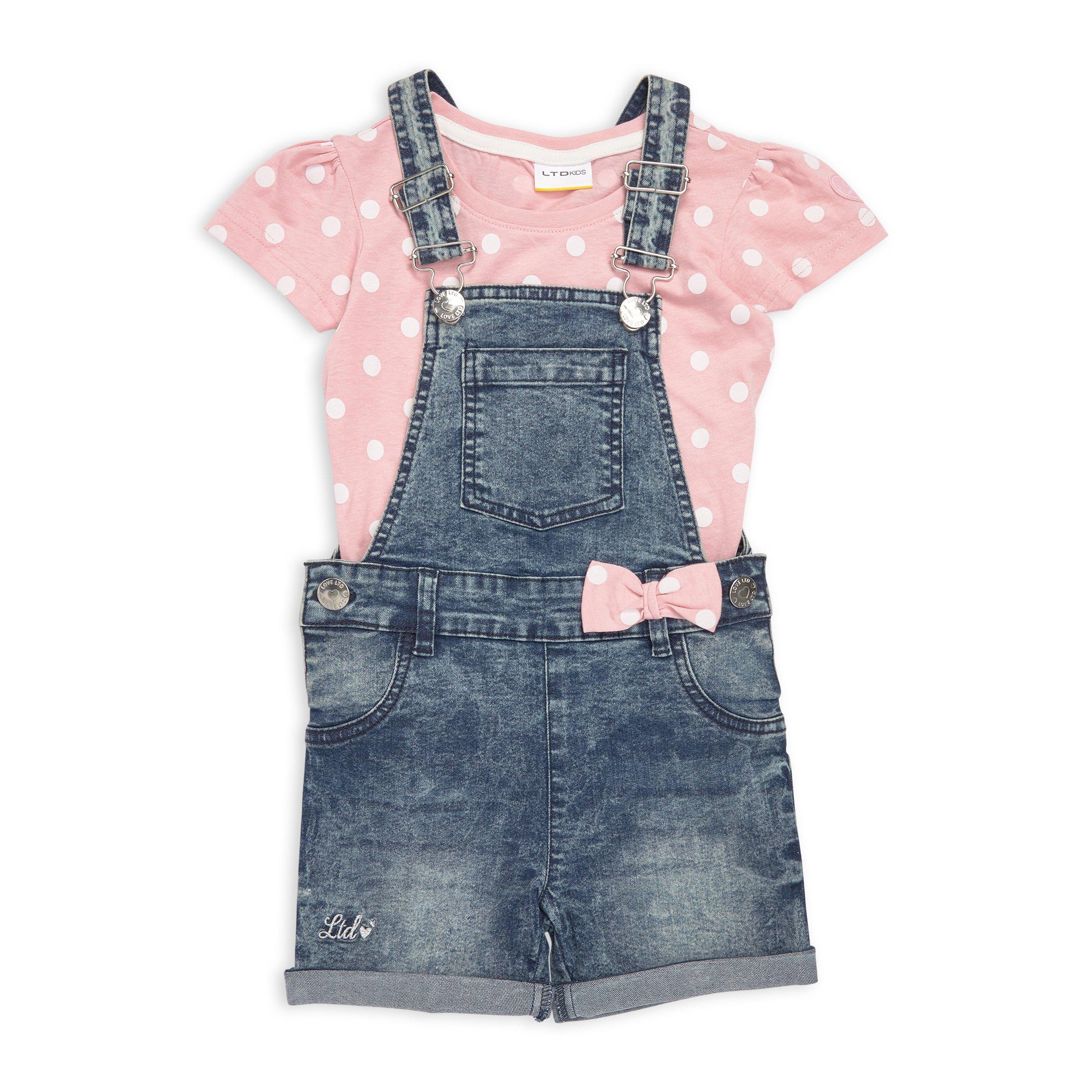 Nautinati Girls Bow Printed Regular Fit Denim Dungaree Set