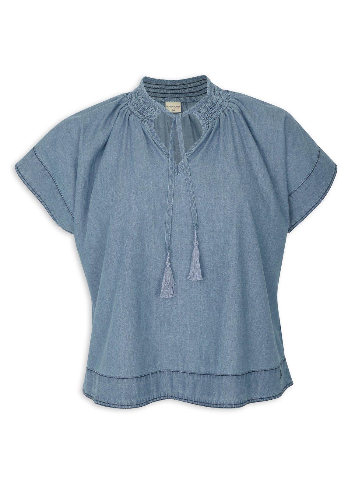 Powder Blue Washed Chambray Half Sleeve Top
