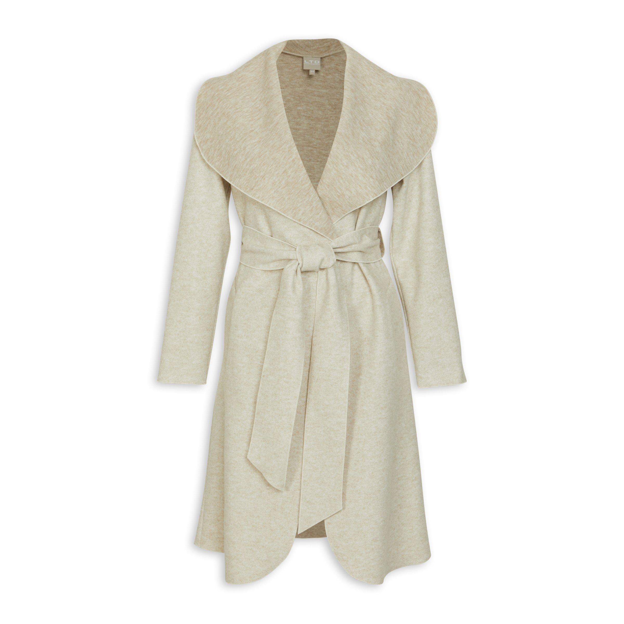 Beige Midi Length Winter Sleeveless Coat With Self Tieup Belt