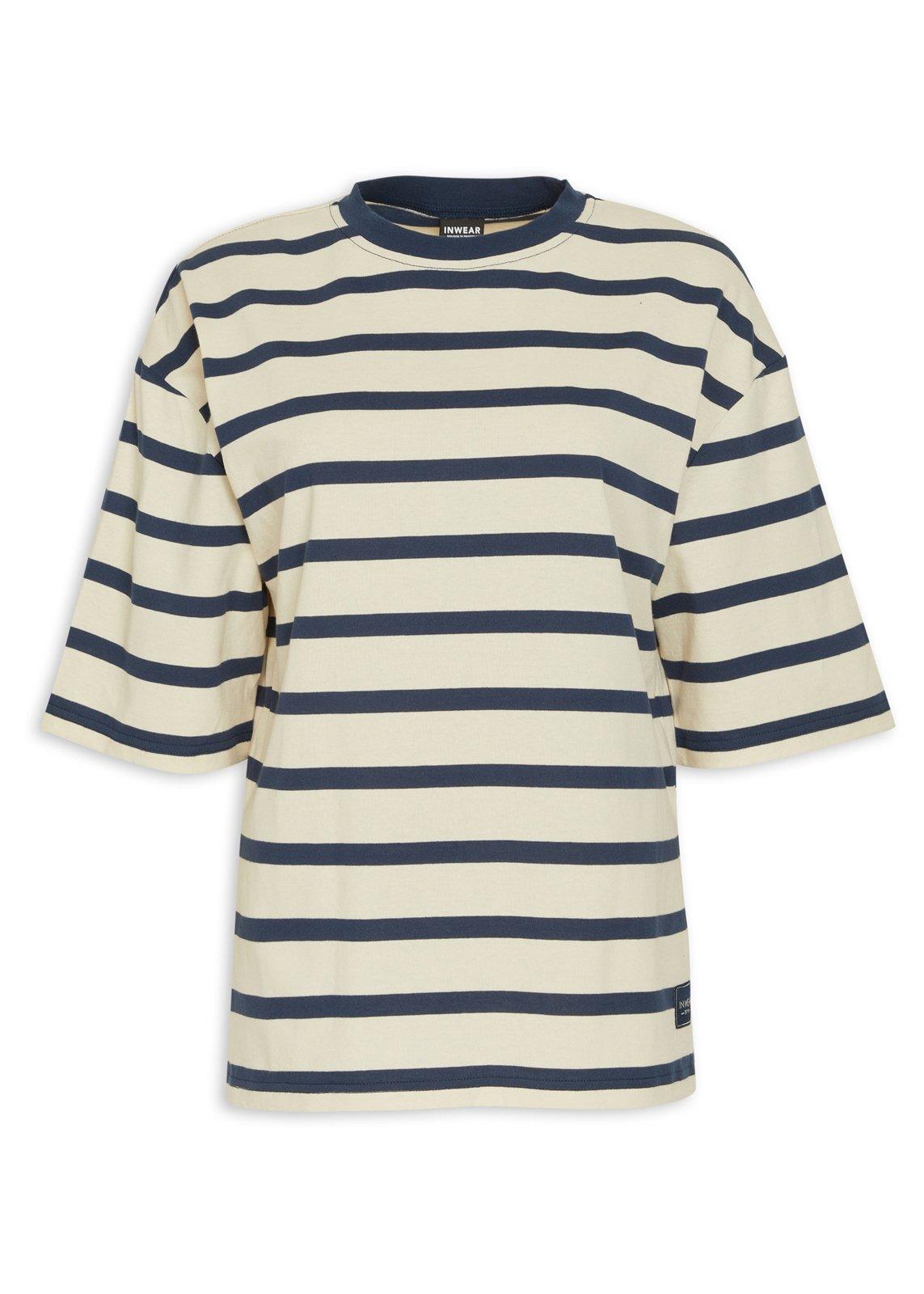 Ebrg Linen Blend Stripe Knitted T-Shirt Navy