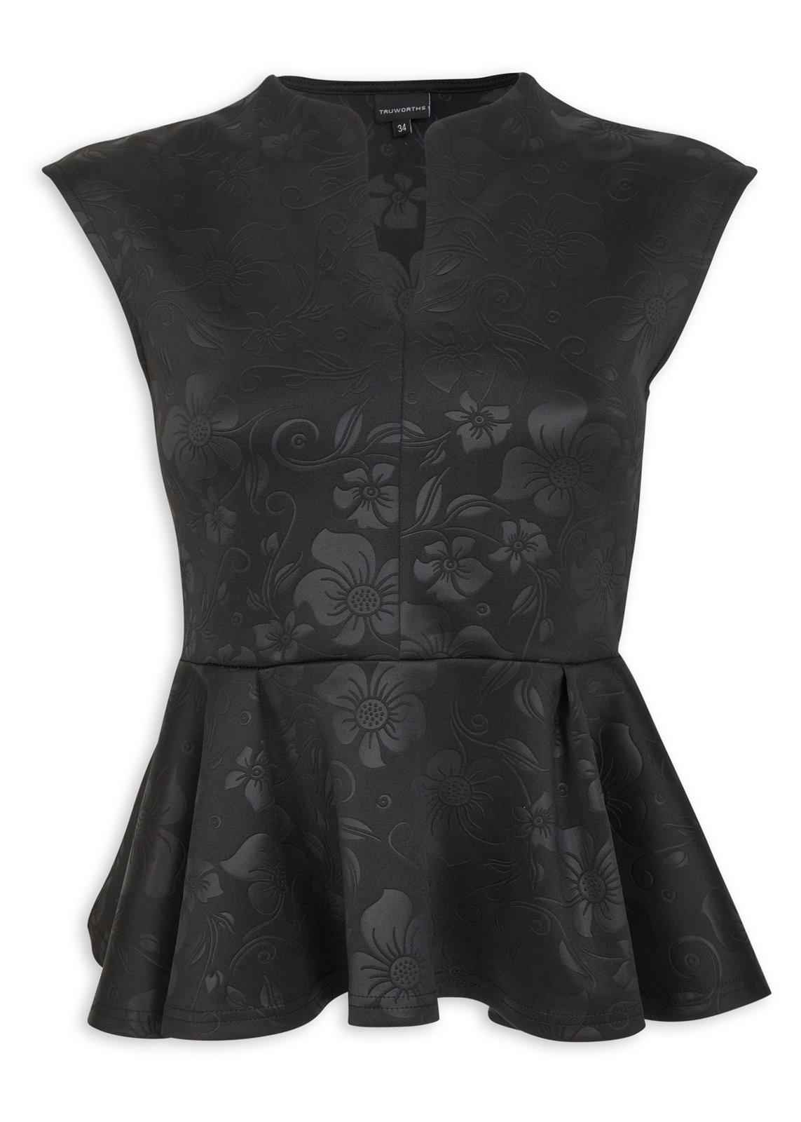 Black Embossed Scuba Peplum Top (3220029) | Truworths