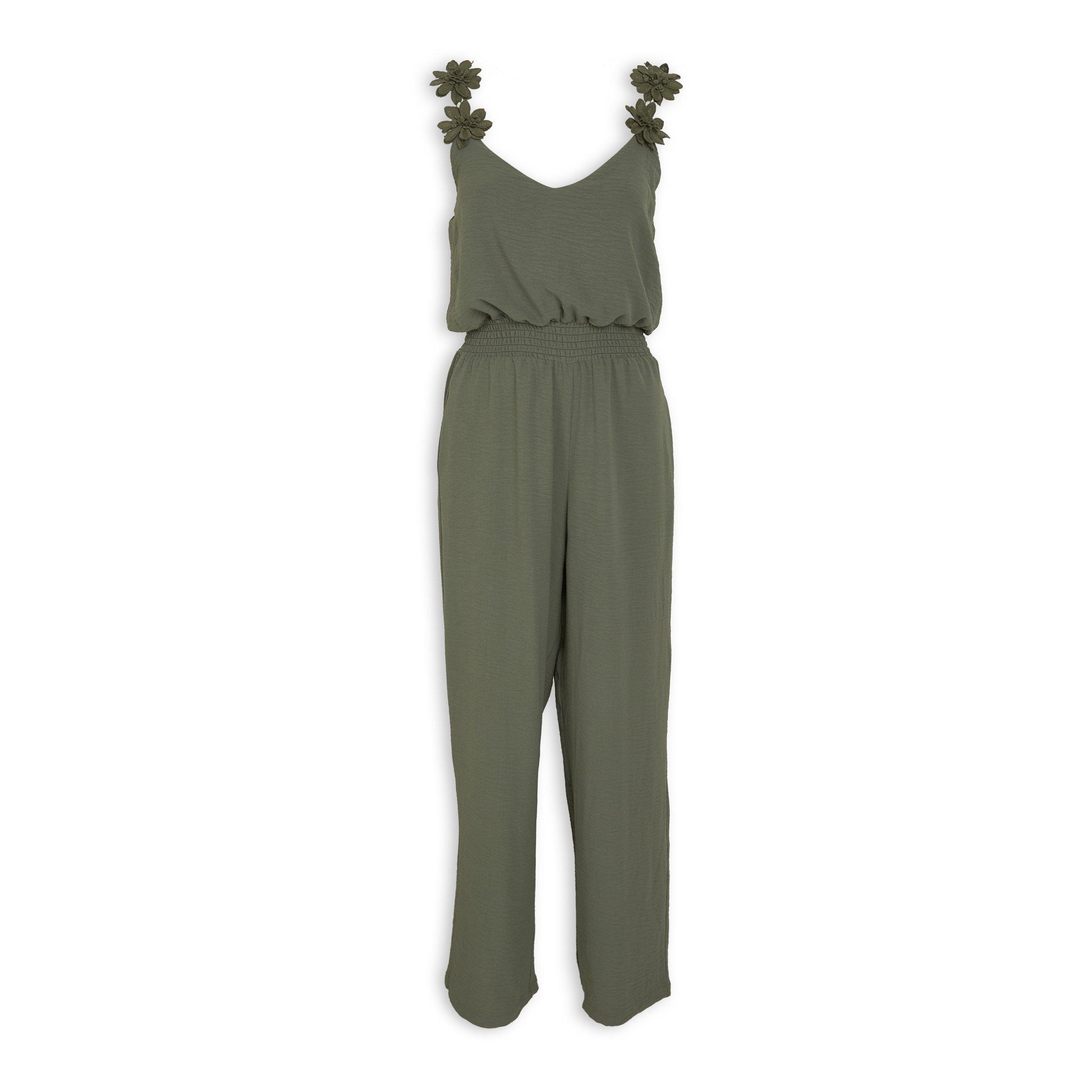 Olive Green Flower Trim Jumpsuit (3230322) | Amber