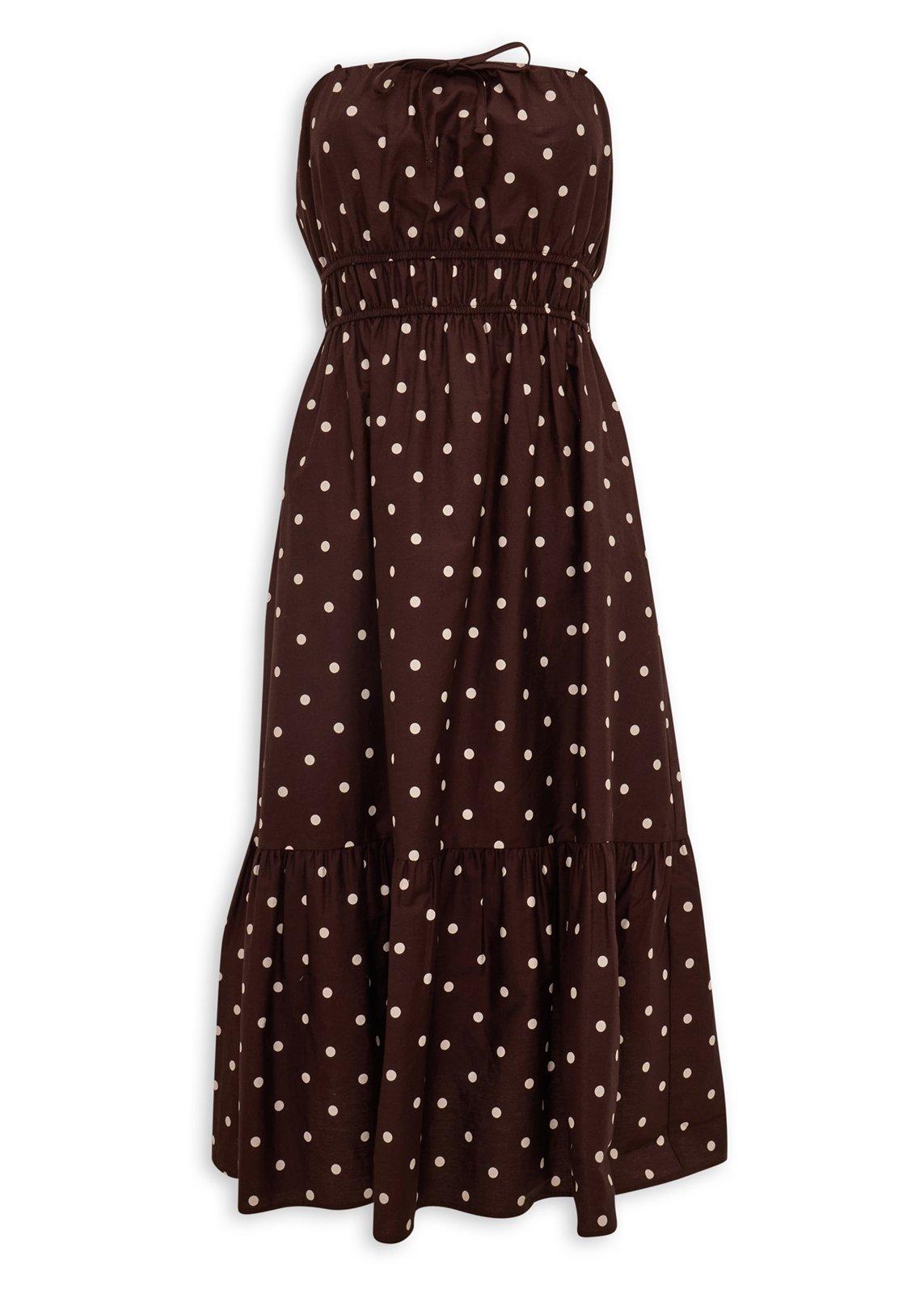 princess polly baby blue dress Zapakasa Women Dark Brown Satin Polka Dots Dress Short A-Line Ruched  Strapless Party Dress main image 1