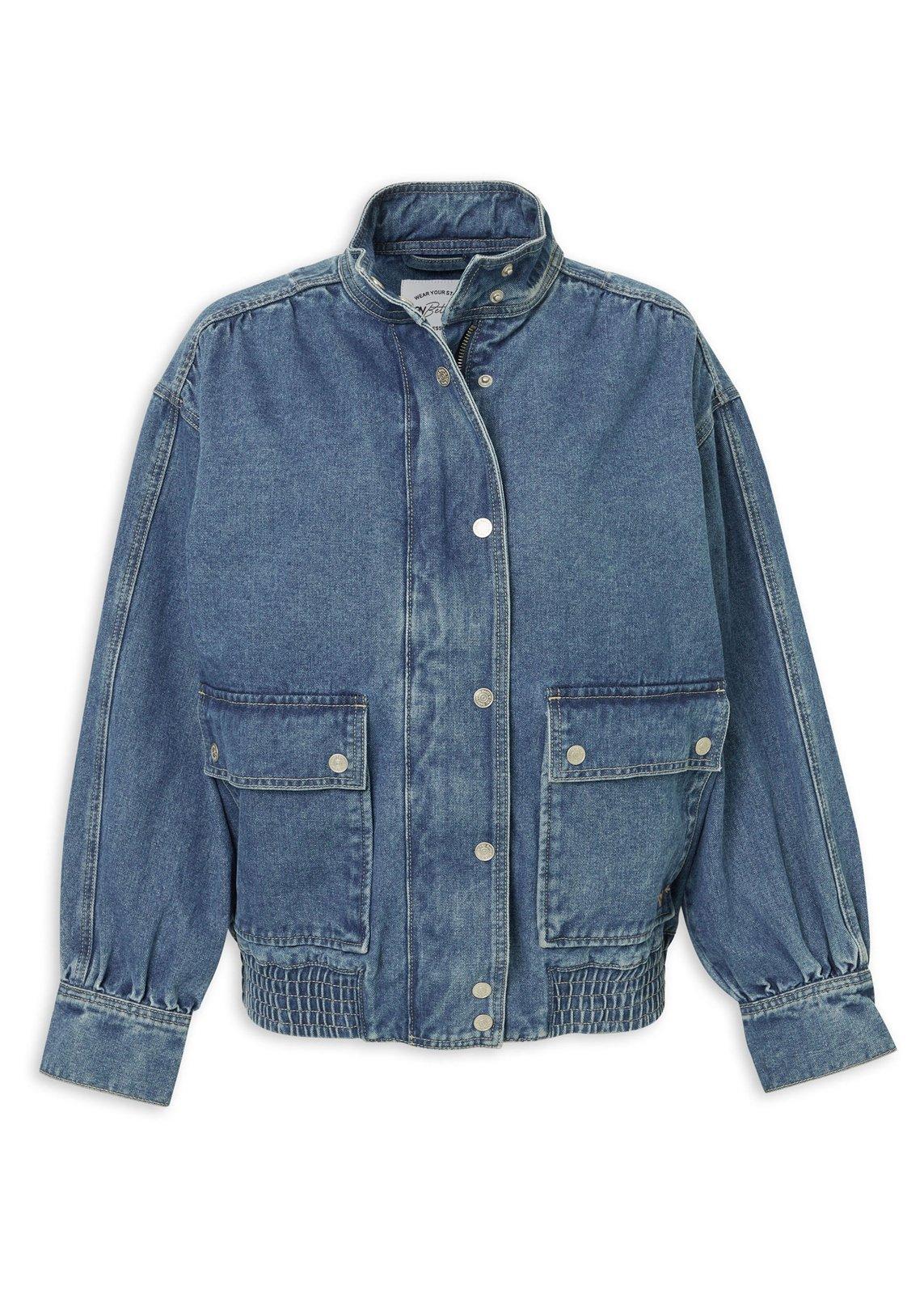Blue Denim Zip-Up Bomber Jacket (3235022) | Hey Betty