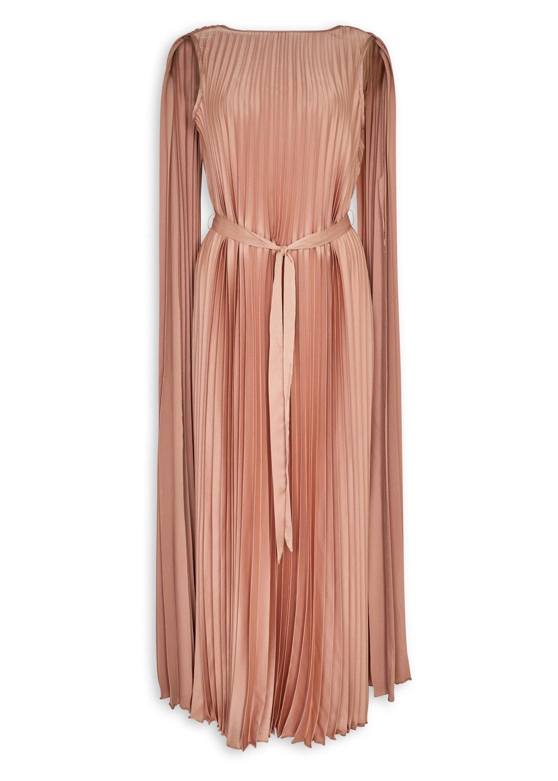 Pink Satin Pleated Belted Cape Dress (3235033) | Emily Moon