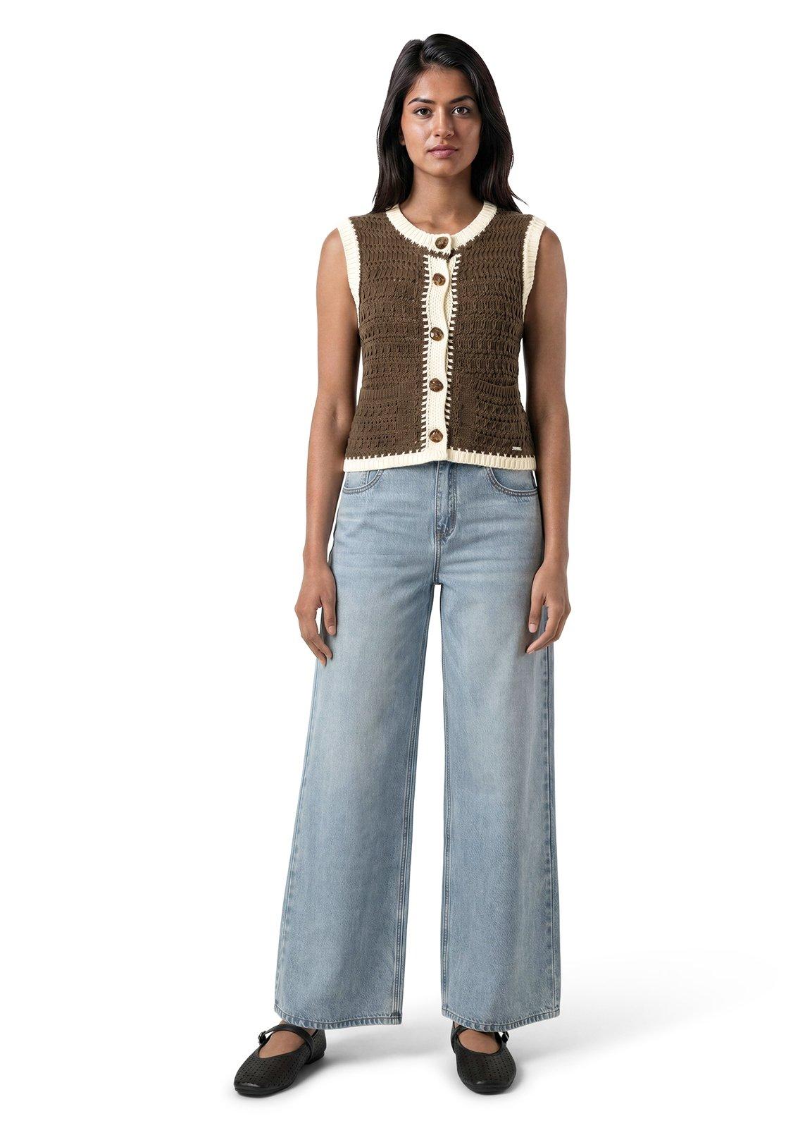 Brown Button-Up Crochet Knit Vest (3235069) | Hey Betty