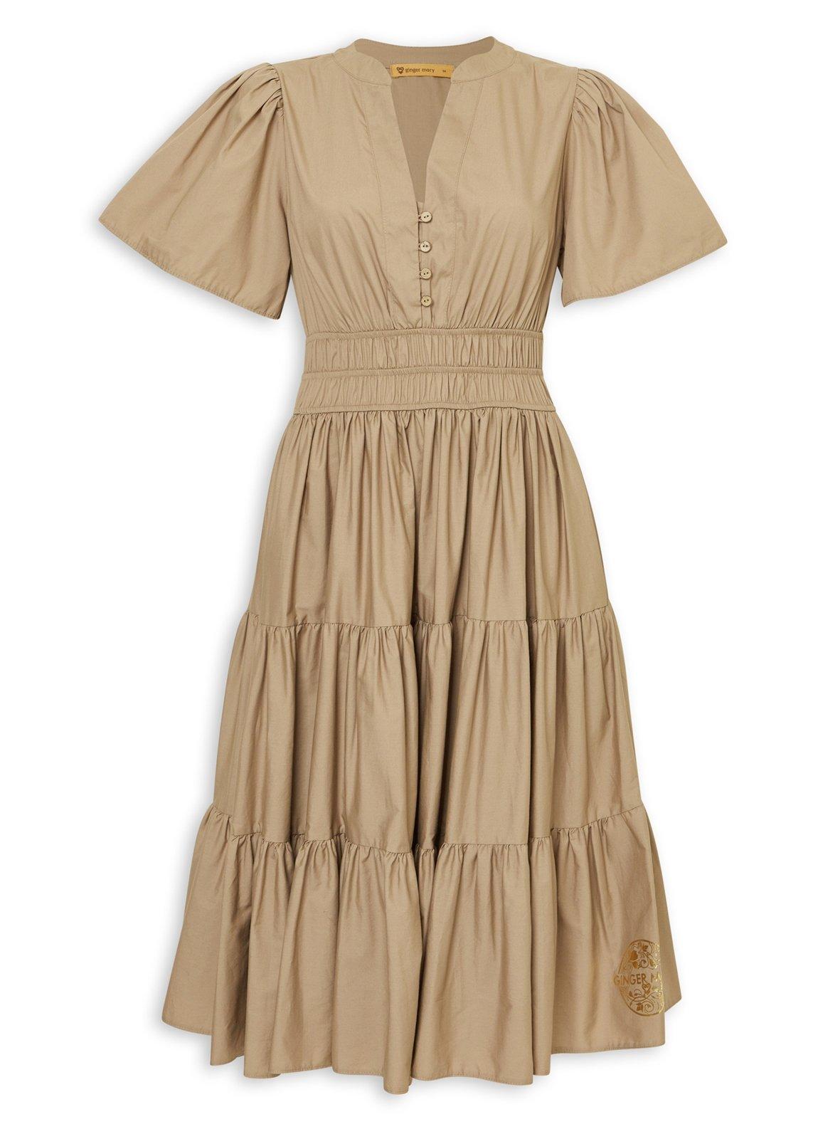 Taupe V-Neck Smocked Tiered Dress (3236321) | Ginger Mary