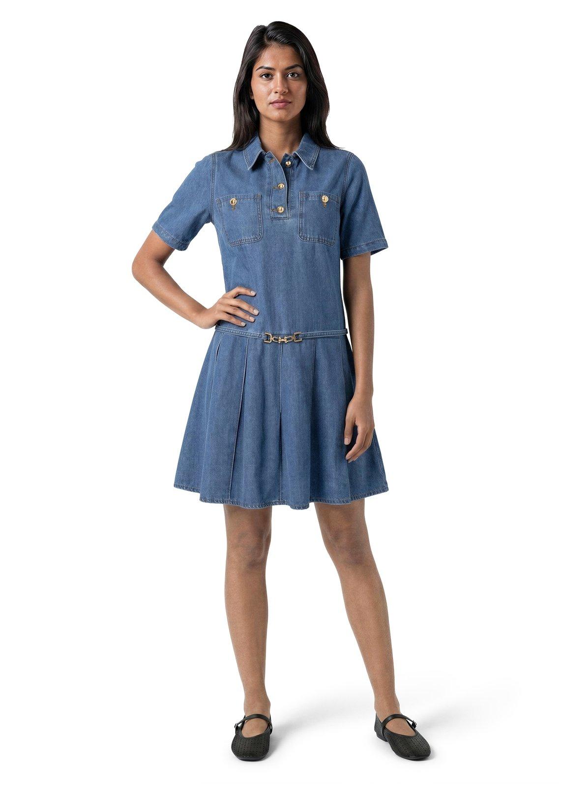 Blue Denim Pleated Mini Shirt Dress (3240061) | OUTBACK RED