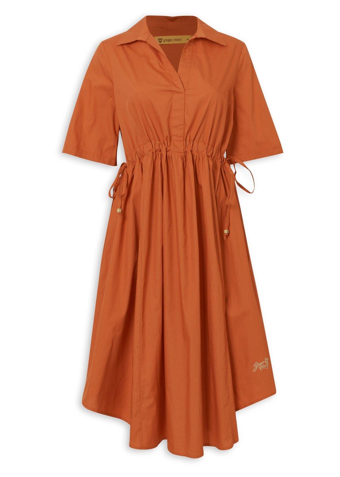 Orange Poplin Drawcord Shirtdress (3241071) | Ginger Mary